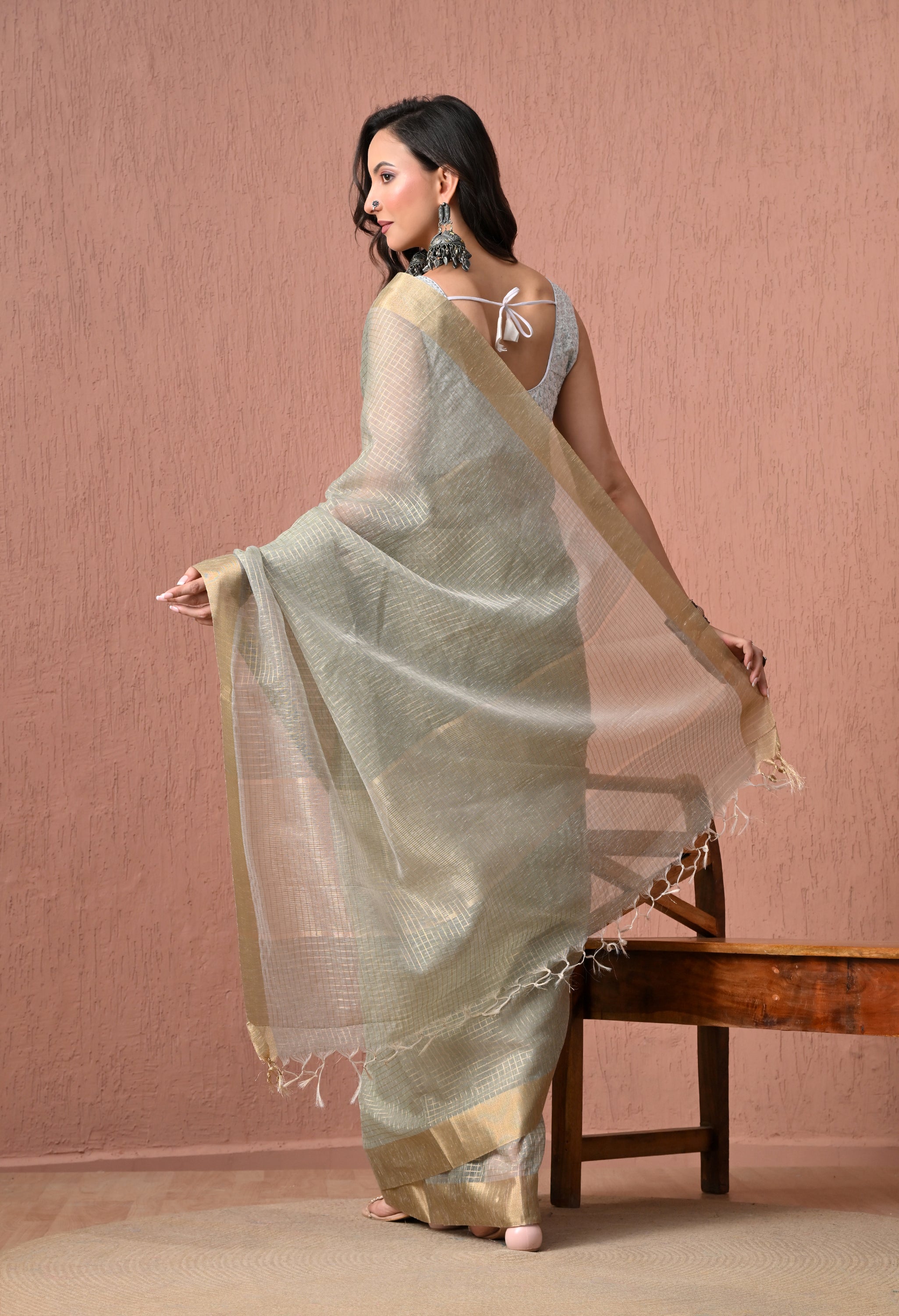 Sage Green Pure Cotton  Saree with Golden Zari Border.