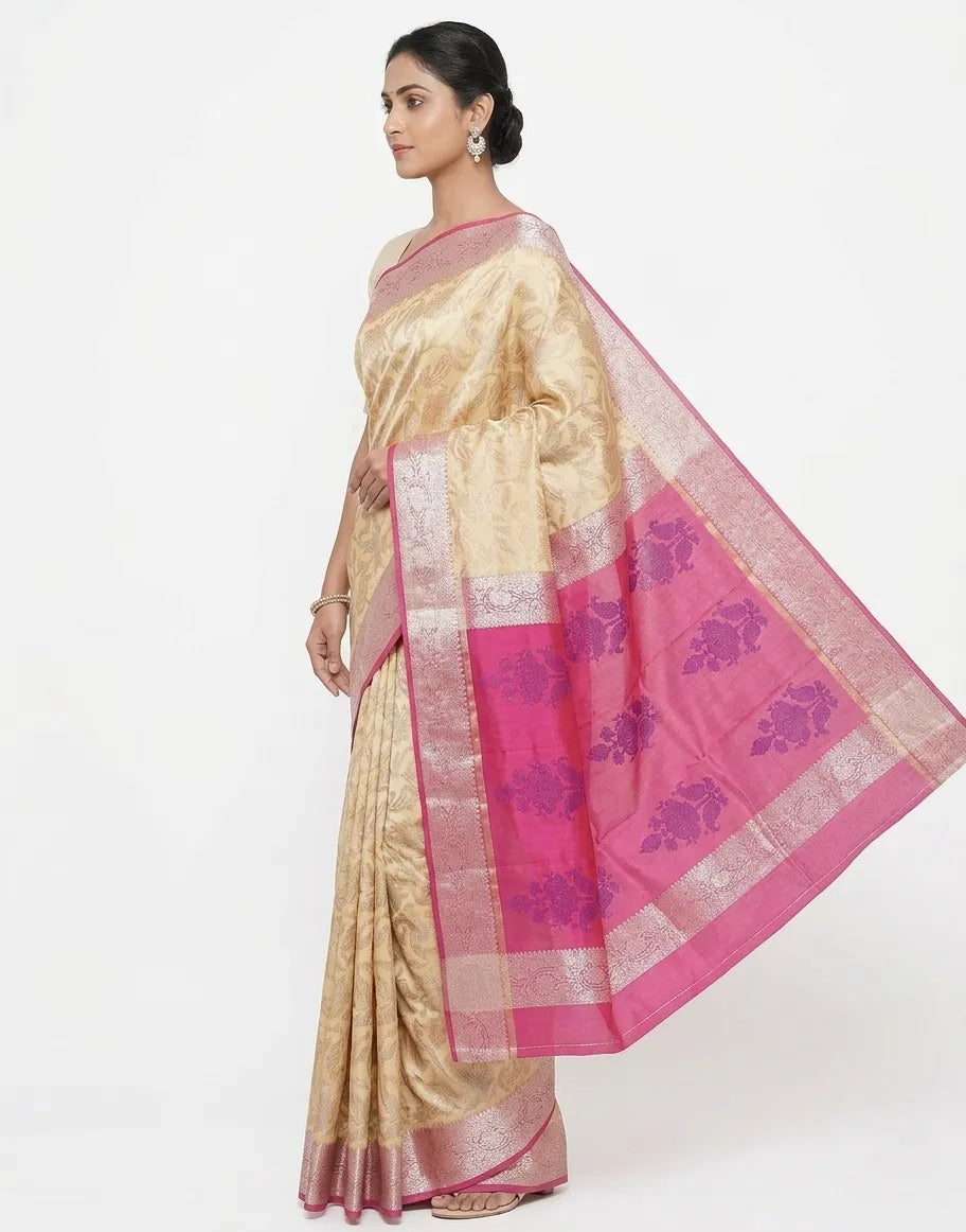 Cream & Pink Kanjeevaram Style Woven Design Silk Blend Saree