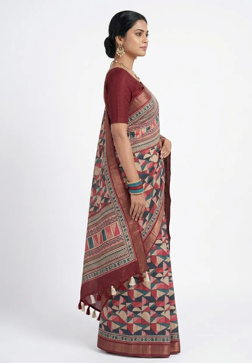 Women Maroon Geometric Printed Silk Blend Saree