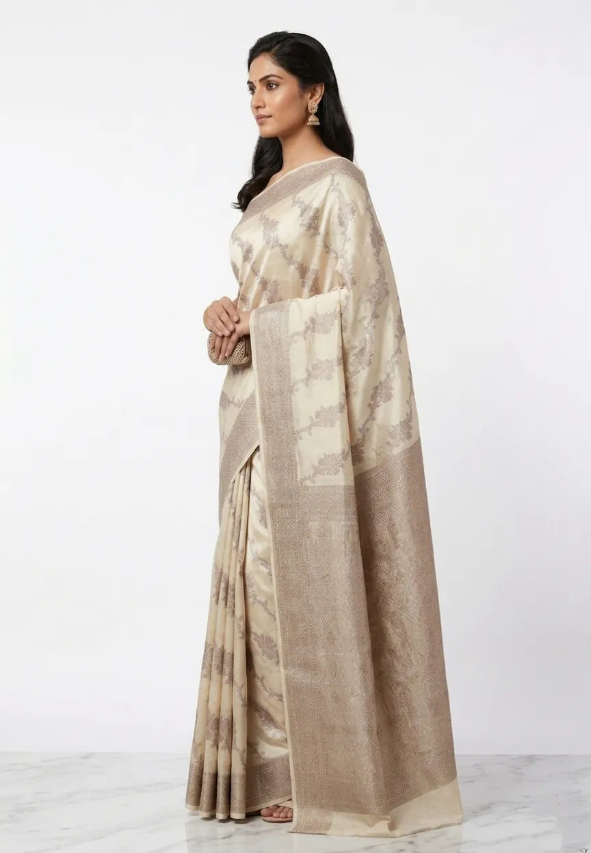 Women Cream & Champagne-Gold Ethnic Motifs Woven Design Art Silk Saree