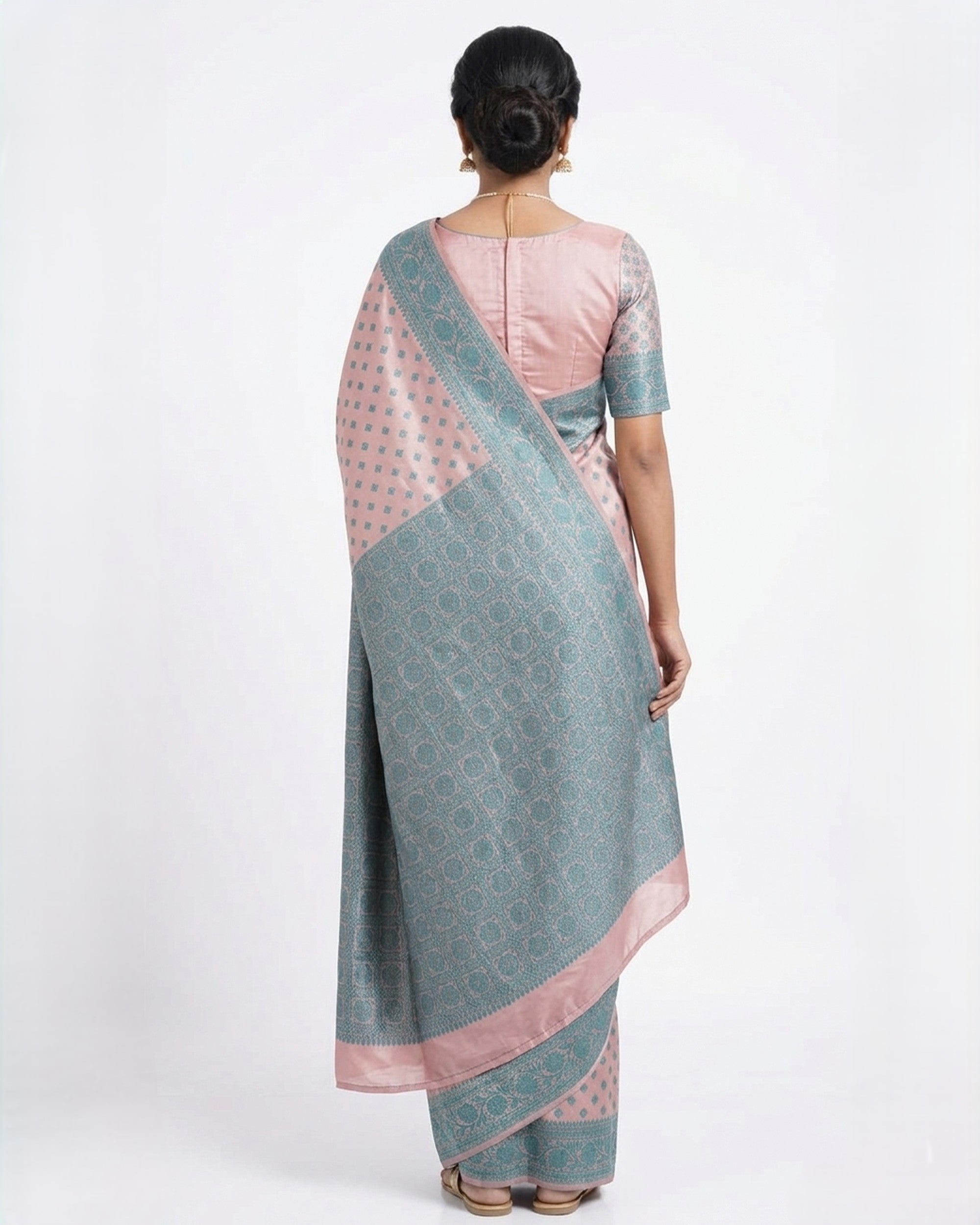 Pink & Turquoise Green Woven Design Zari Linen Blend Handloom Banarasi Saree