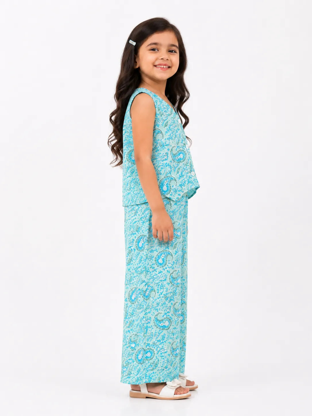 Girls Aqua Blue Paisley Printed V-Neck Sleeveless Vest & Wide-Leg Co-Ord Set
