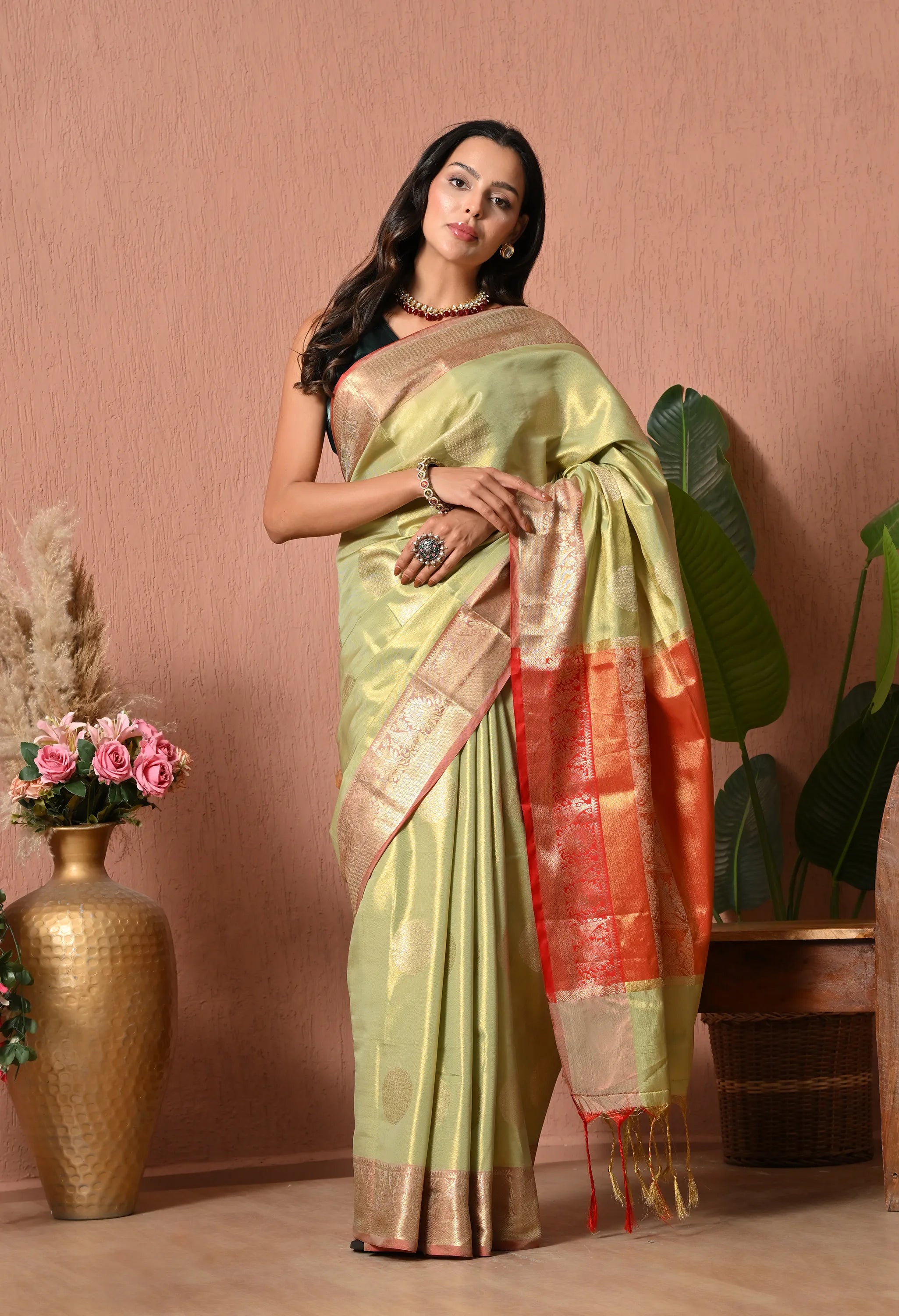 Silk Blend Saree in Pastel Olive & Coral Copper