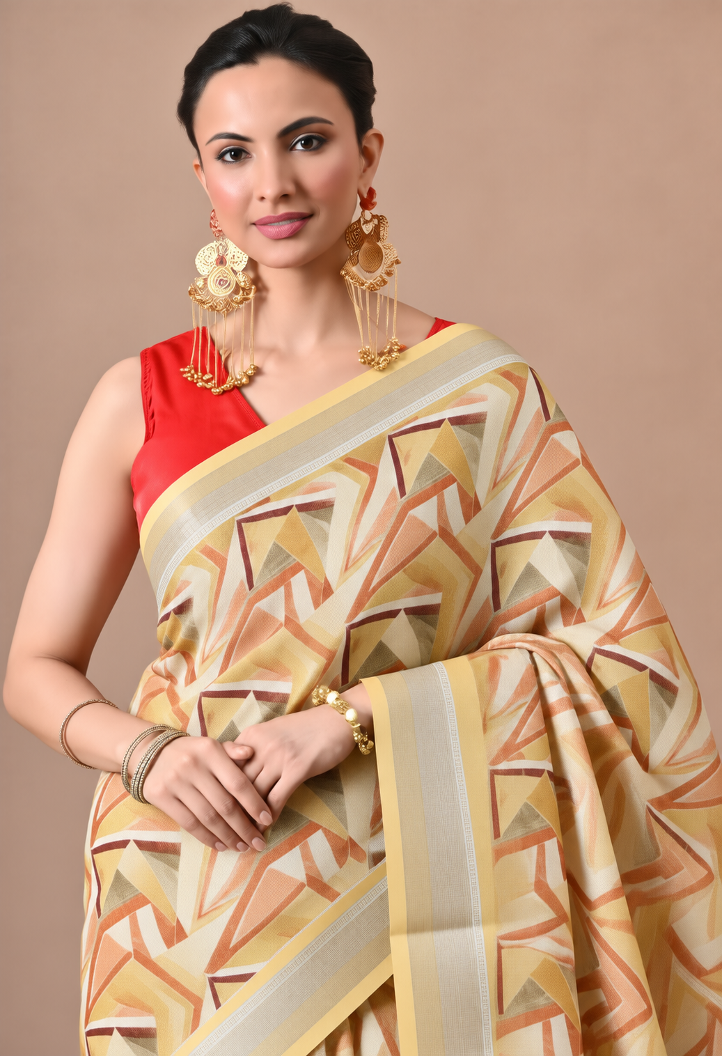 Elegant Cream Cotton Saree with Abstract Printed Design and Golden Border