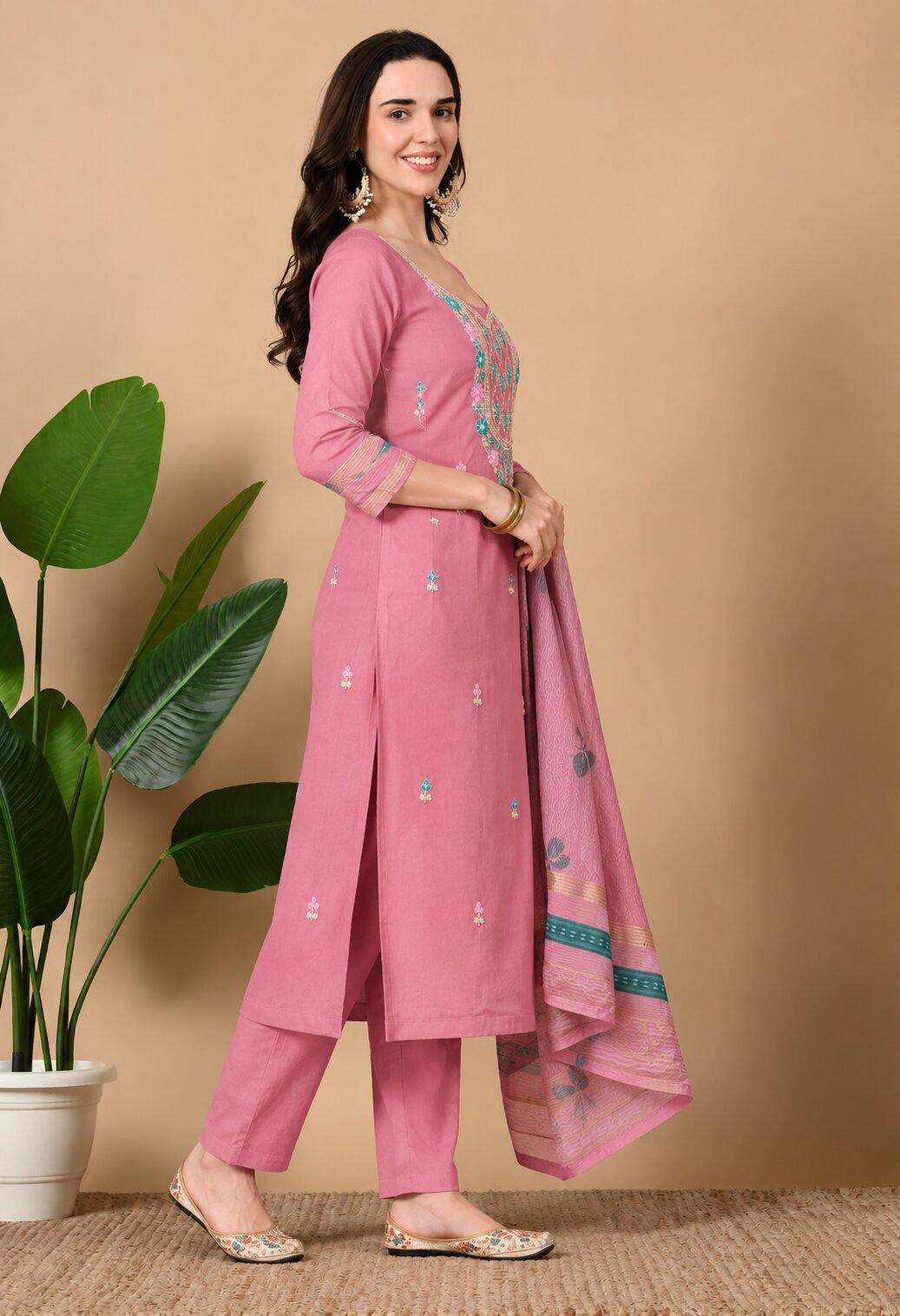 Pink Chanderi Silk Embroidered Suit Set with Organza Dupatta