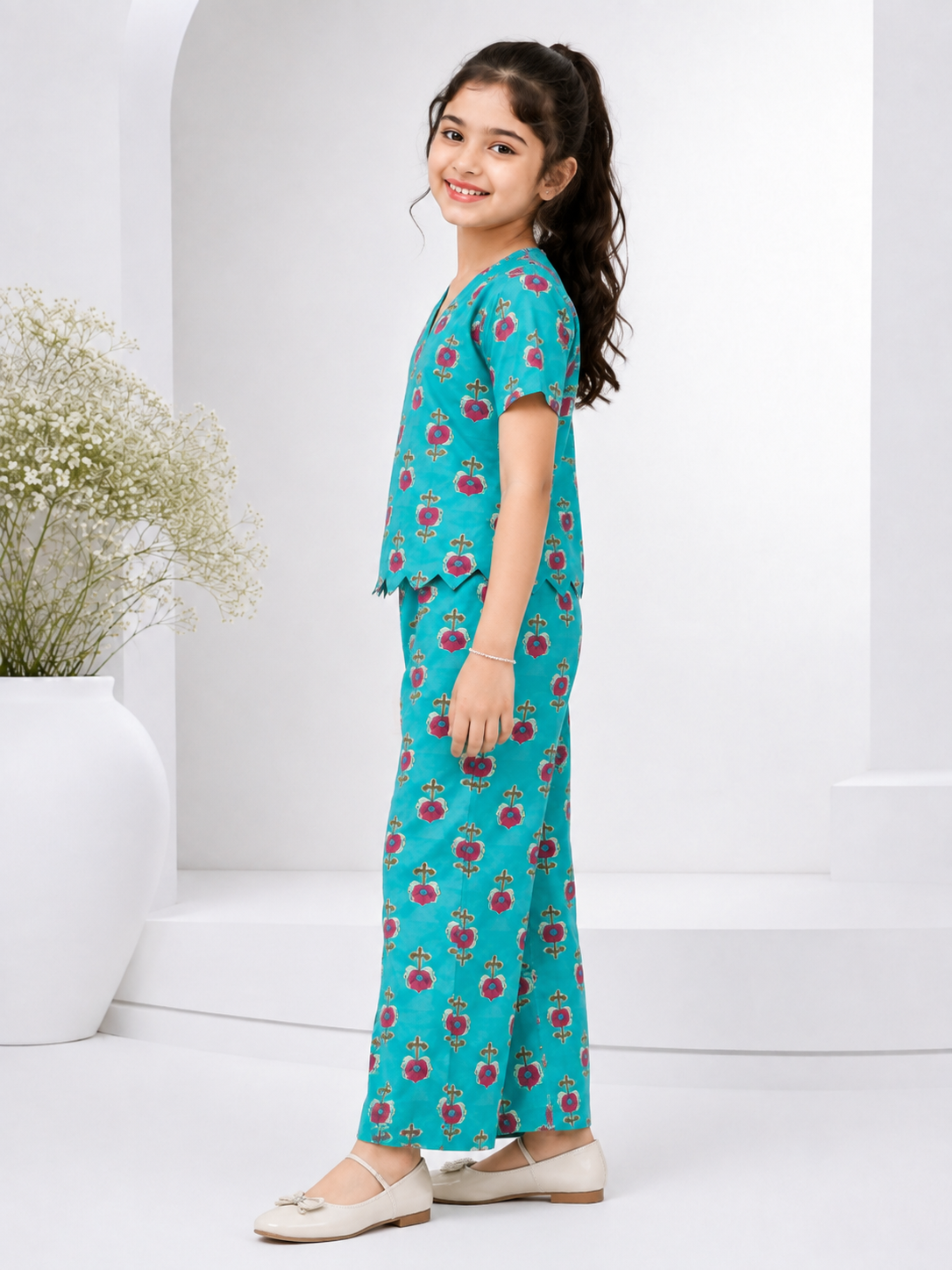 Girls Turquoise Blue Floral Printed Scallop-Hem Top & Wide-Leg Co-Ord Set