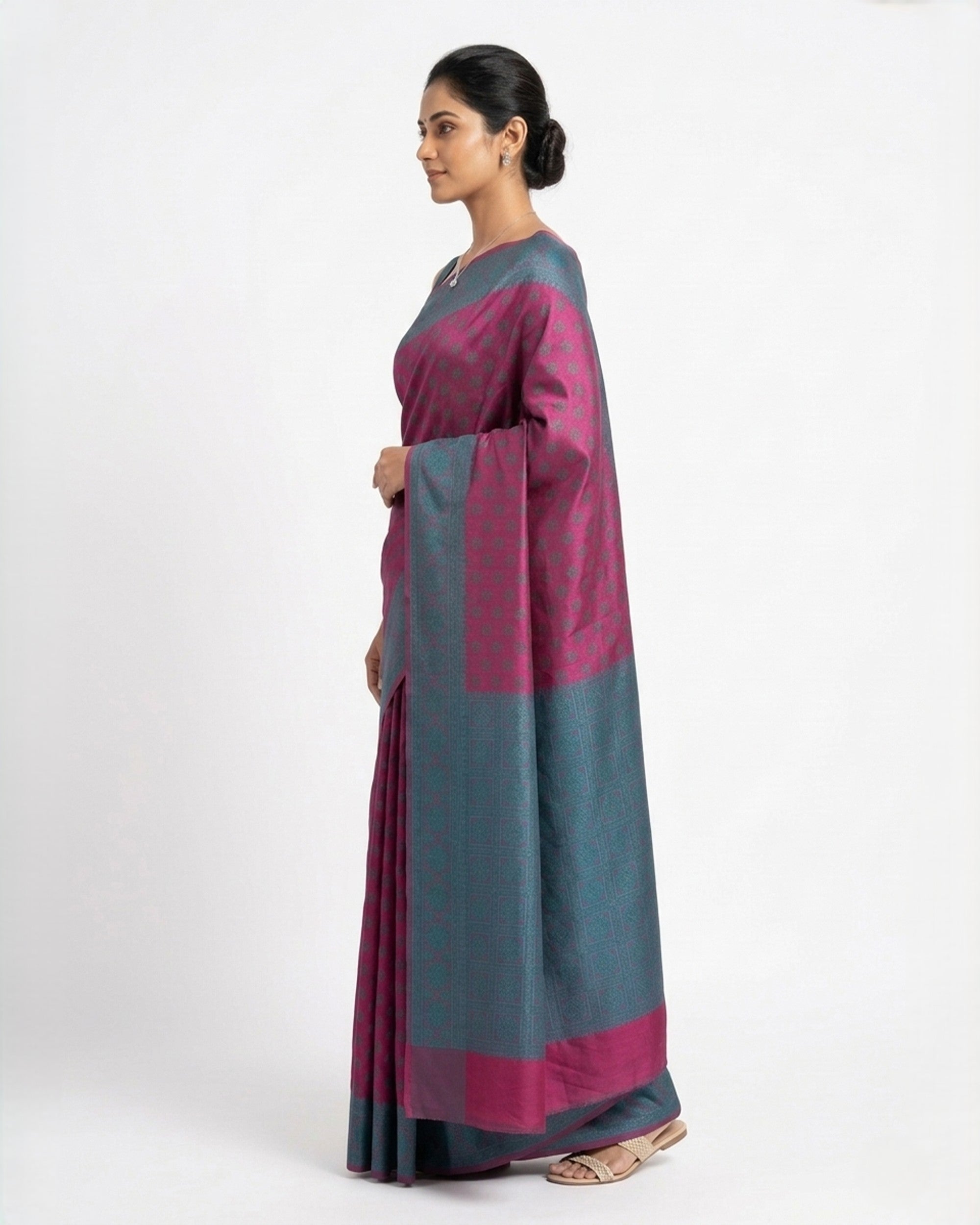 Magenta & Teal Blue Ethnic Motifs Woven Design Zari Silk Blend Saree