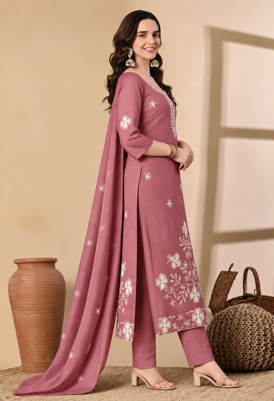 Dusty Rose Chanderi Silk Floral Embroidered Suit Set with Organza Dupatta