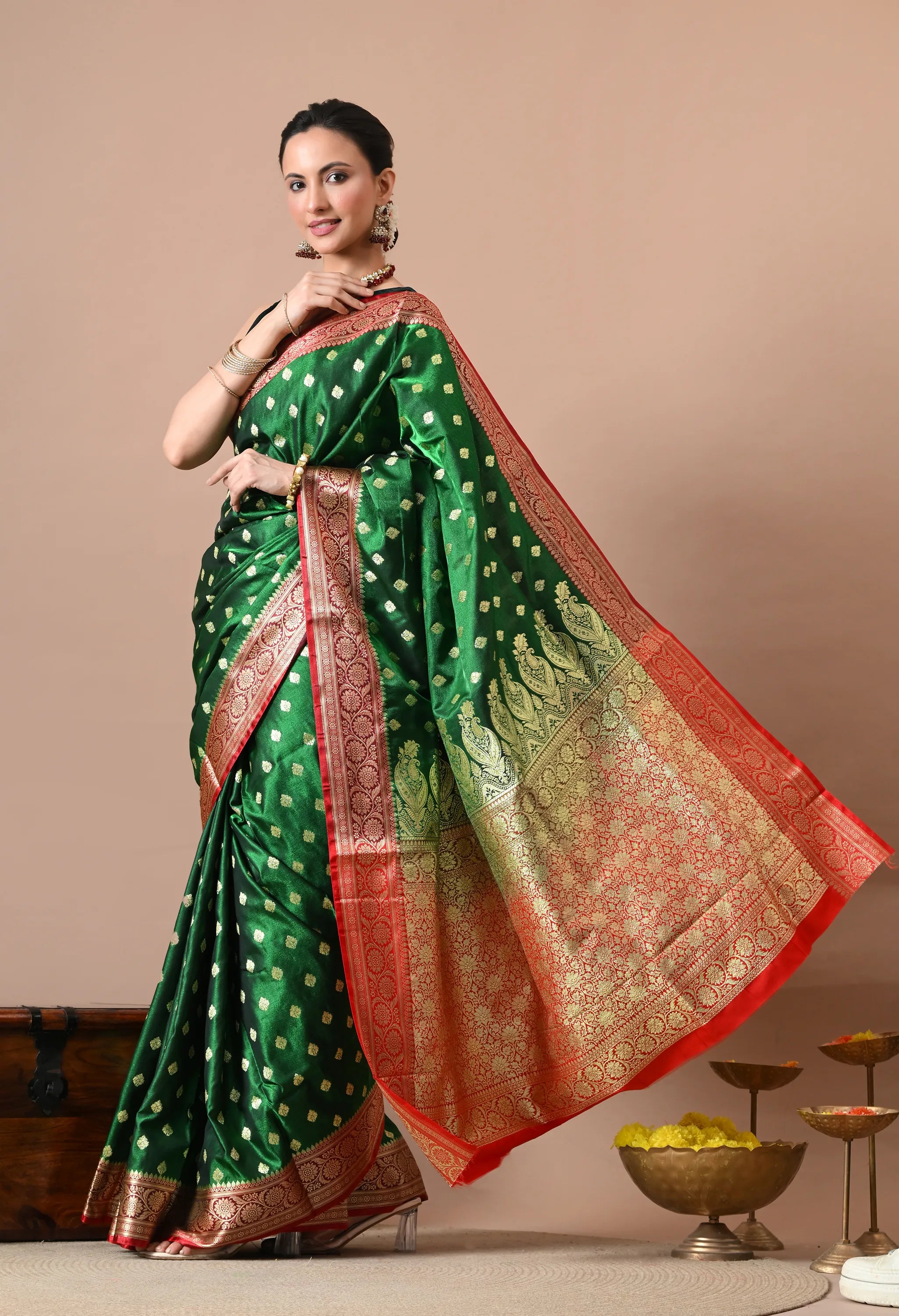 Green & Red Zari Woven Silk Blend Banarasi Saree