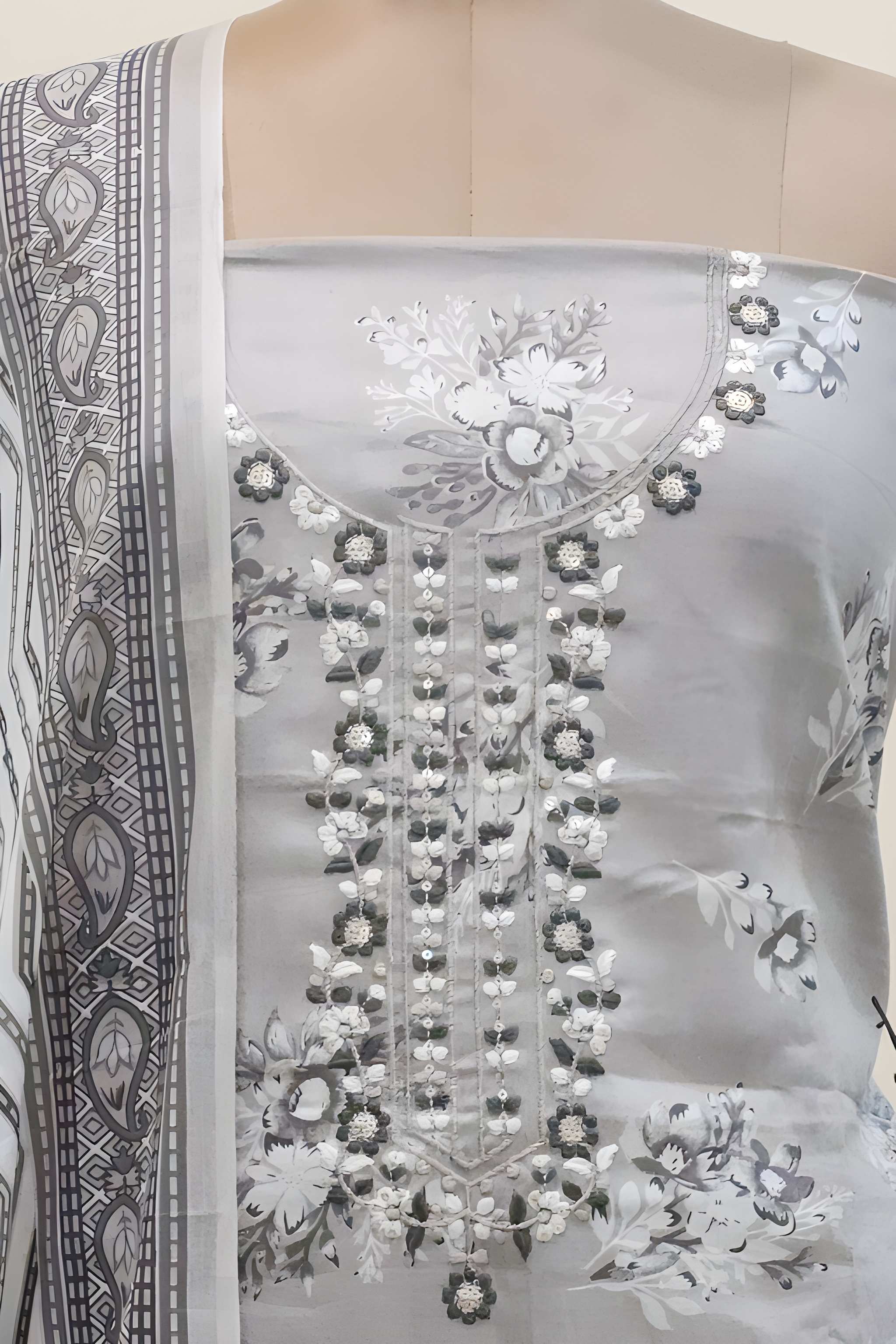Women's  Grey Floral Printed Cotton Unstitched Suit Set