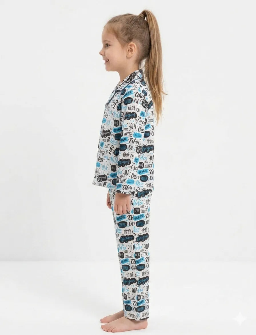 Girls Satin "Hello" Multilingual Print Night Suit