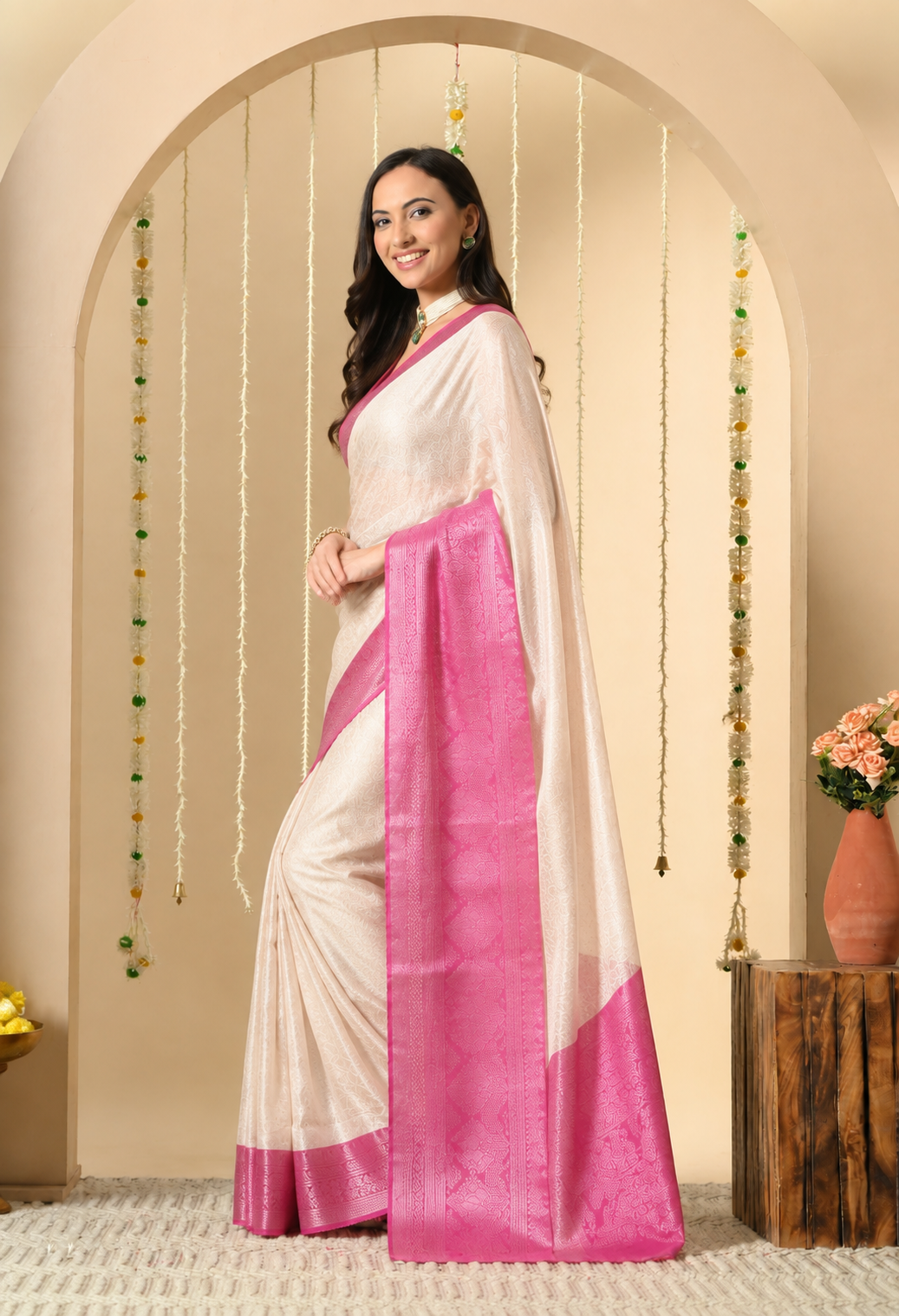 Women Pink & Cream Art Silk Woven Design Saree