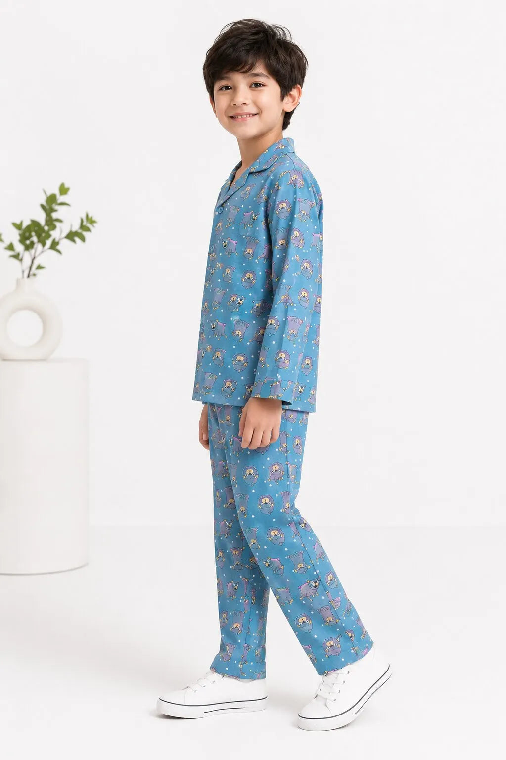 Teal Blue & Grey Hedgehog Print Pure Cotton Night Suit