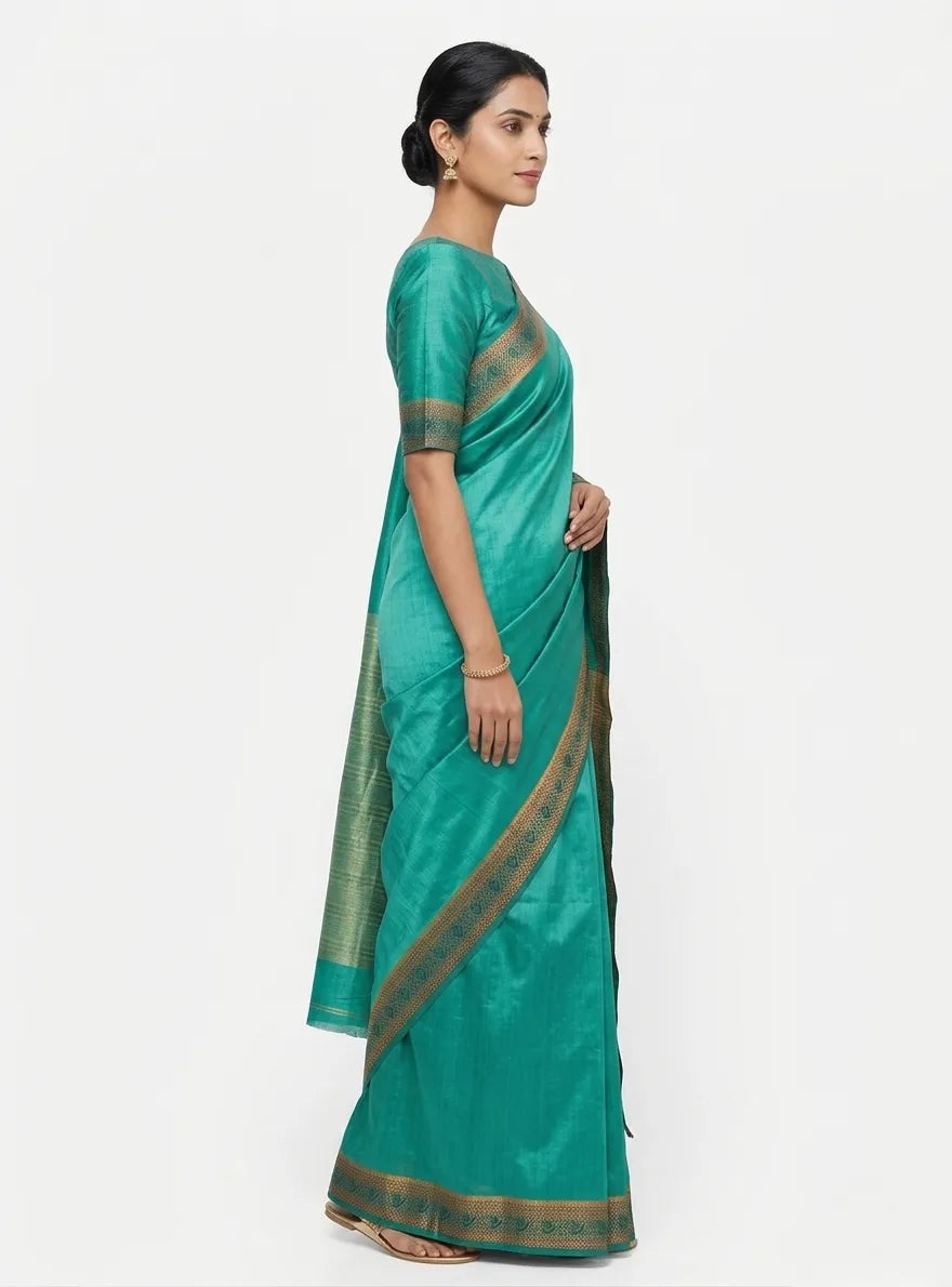 Vibrant Teal Silk Blend Saree with Gold Zari Border