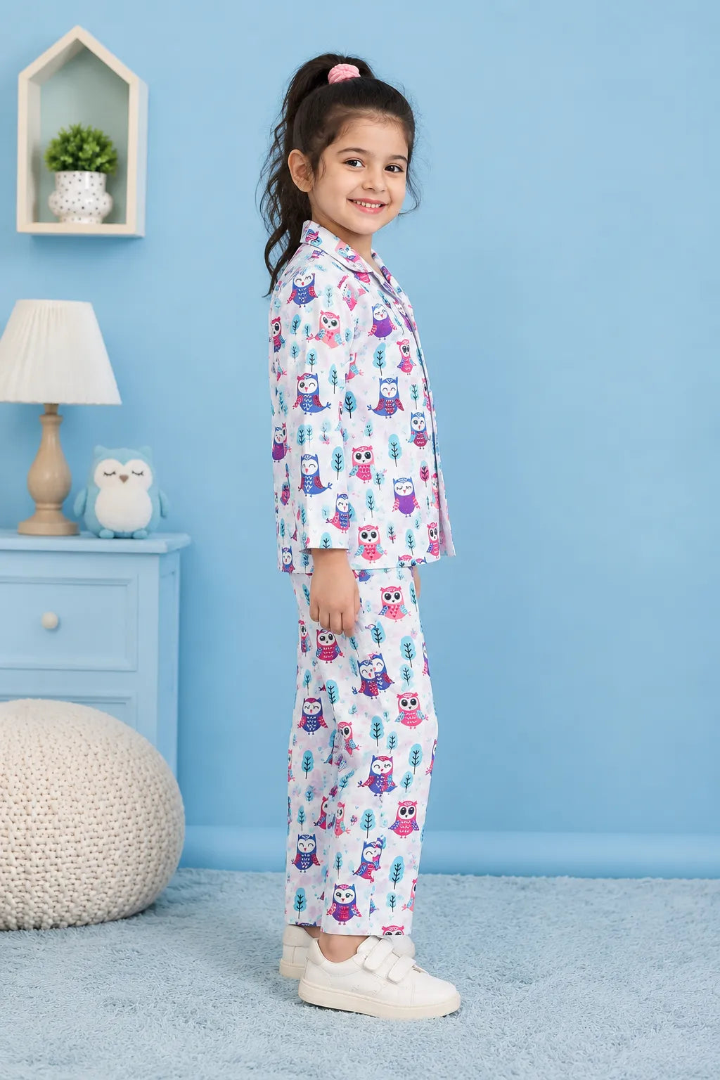 Kids' White & Purple Owl Print Pure Cotton Girls Night Suit