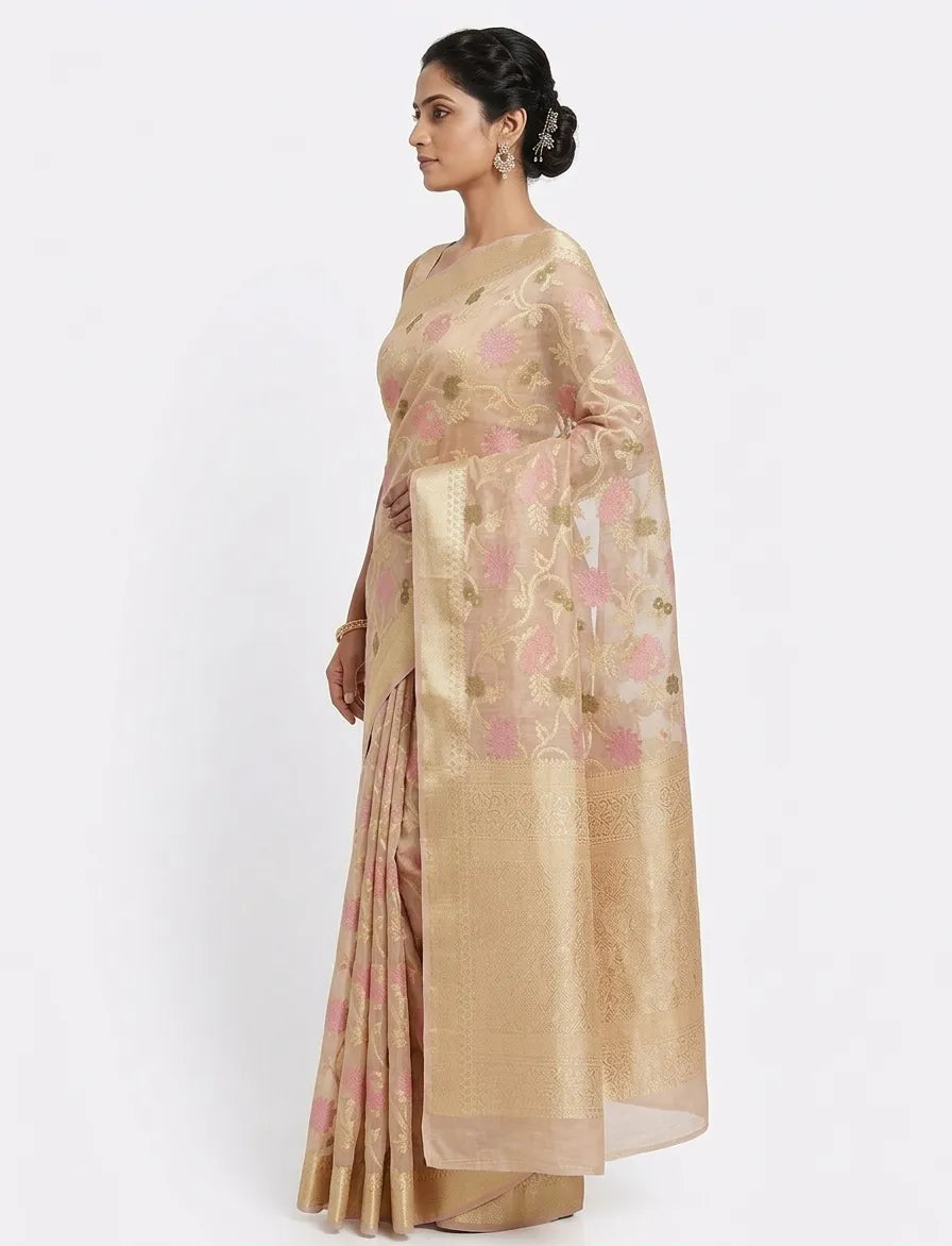 Beige & Pink Floral Banarasi Chanderi Saree with Zari Border