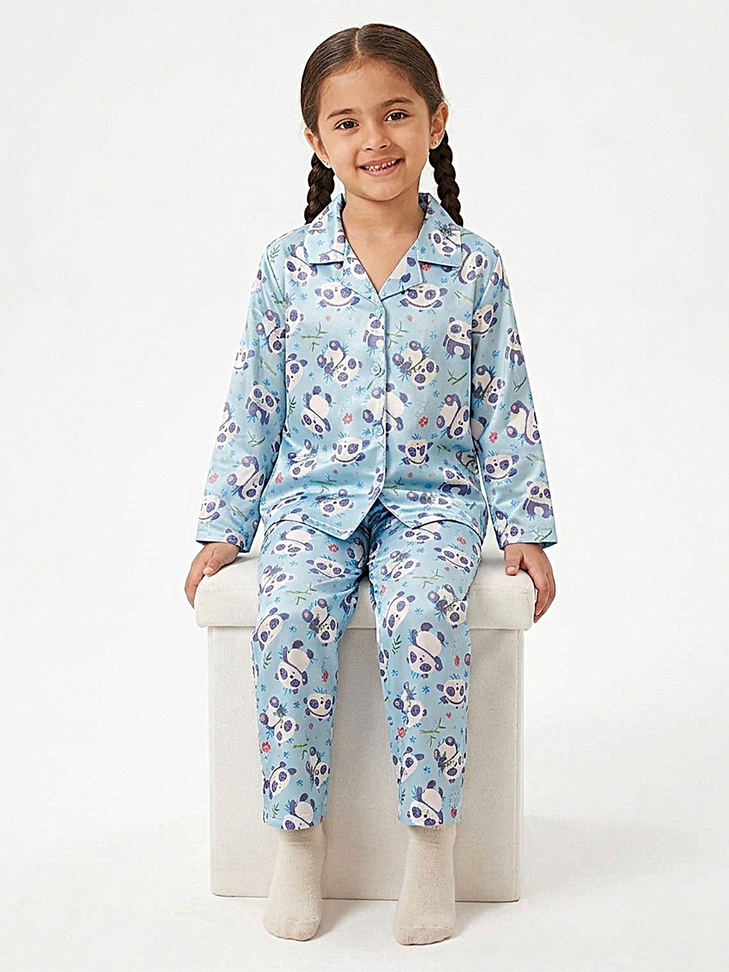 Girls Sky Blue & Purple Panda Printed Satin Nightsuit Set