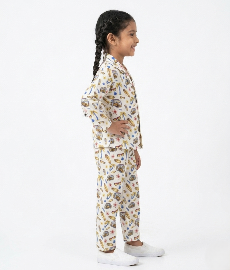 Girls Tropical Surf & Camper Print Cotton Night Suit