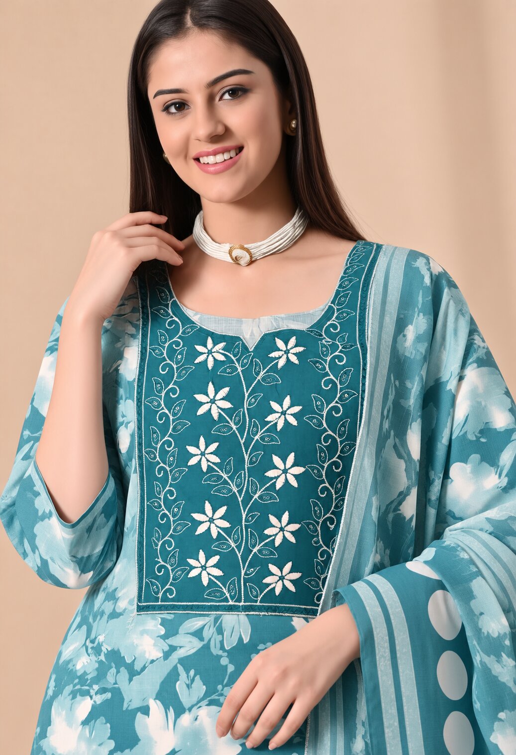 Teal Blue Cotton Printed Suit Set with Cotton Dupatta