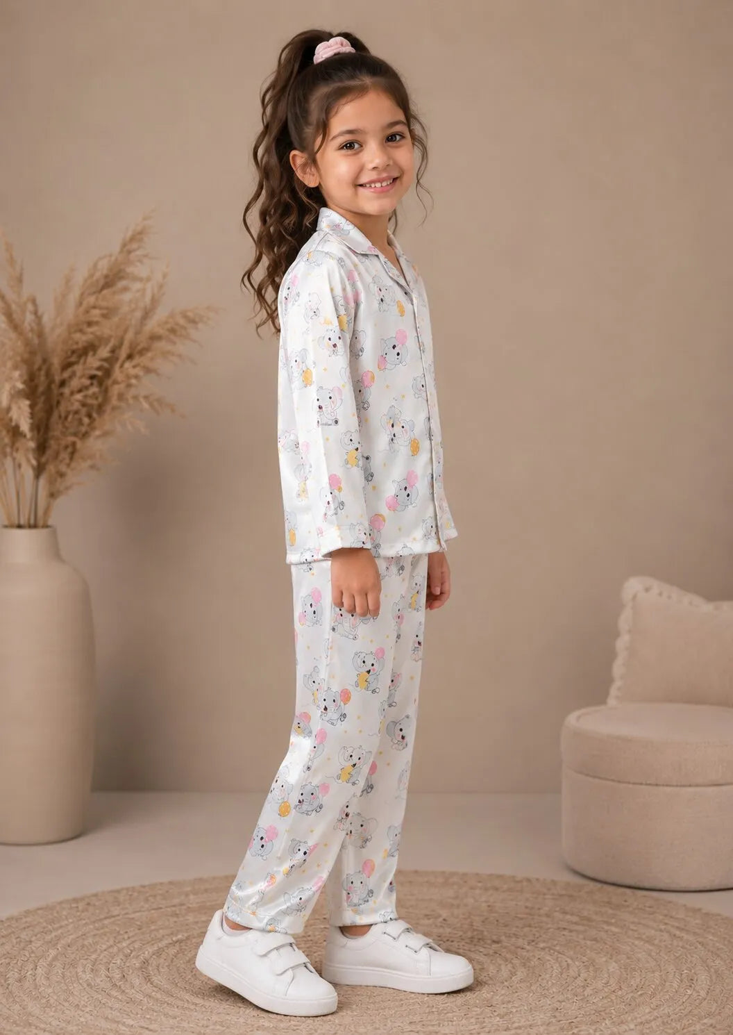 Girls Satin Elephant & Balloon Print Night Suit