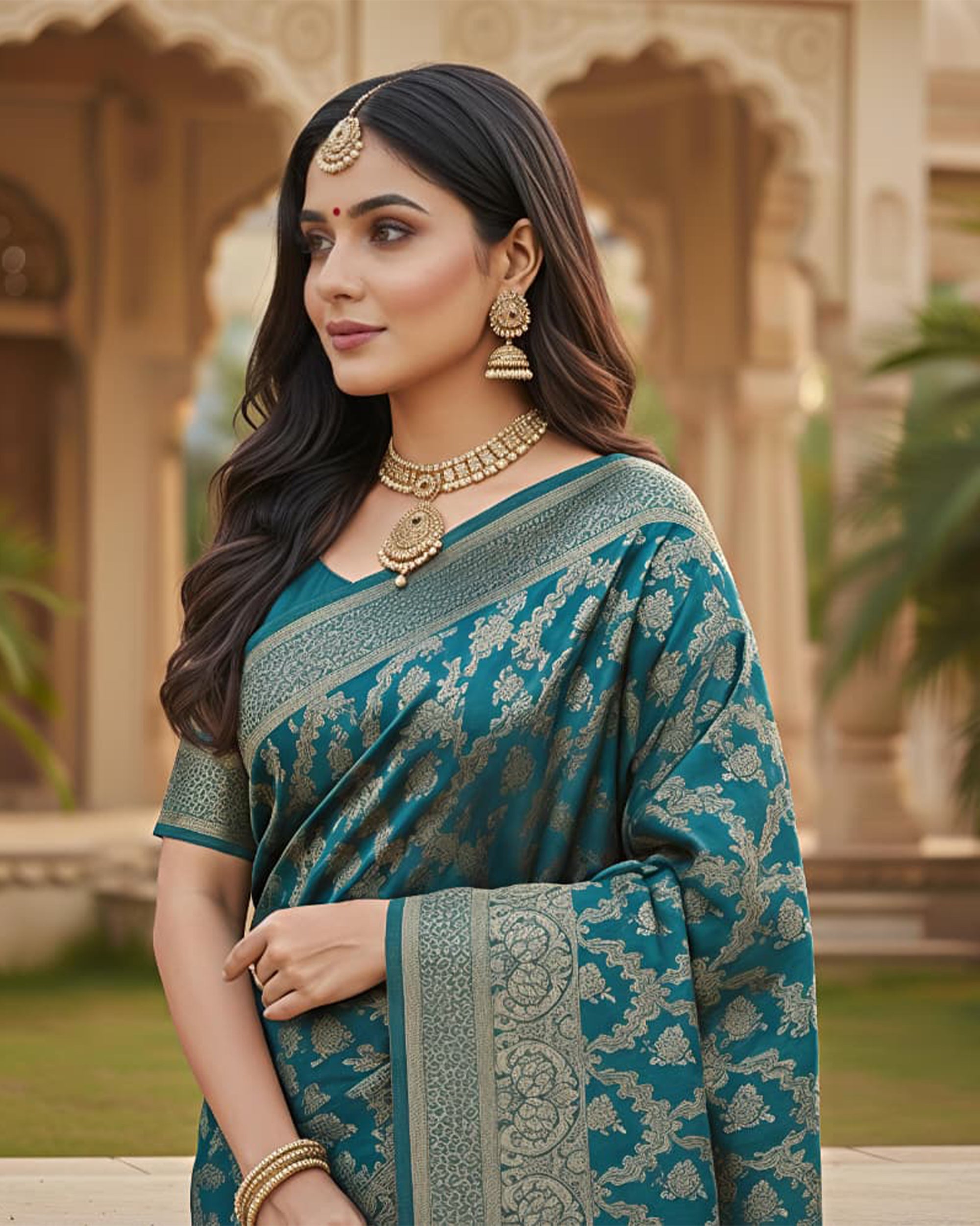 Women Teal Blue & Gold-Toned Woven Design Art Silk Saree with Unstitched Blouse