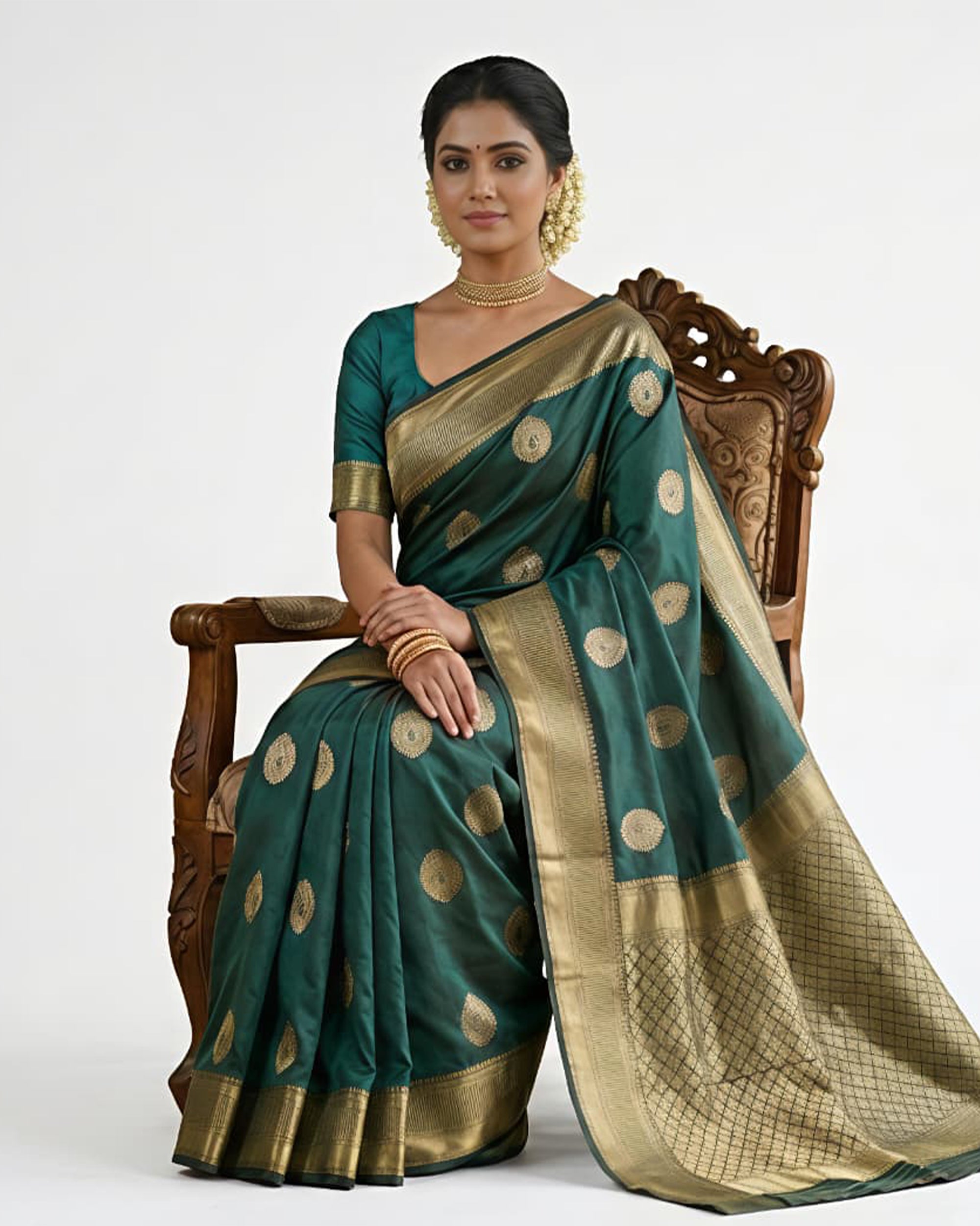 Womens Bottle Green & Gold-Toned Art Silk Kanjeevaram Style Saree with Blouse Piece