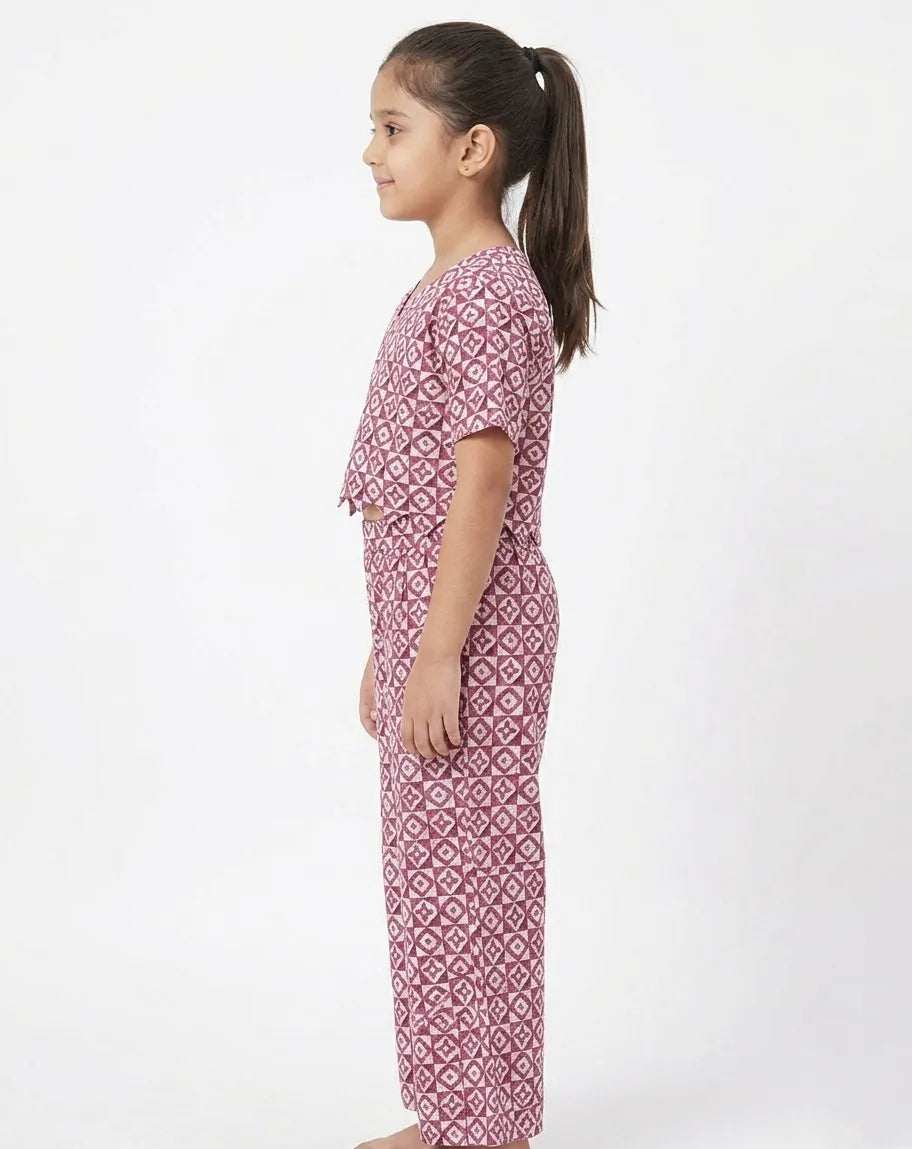 Girls Maroon & White Pure Cotton Printed Scalloped Co-ord Set