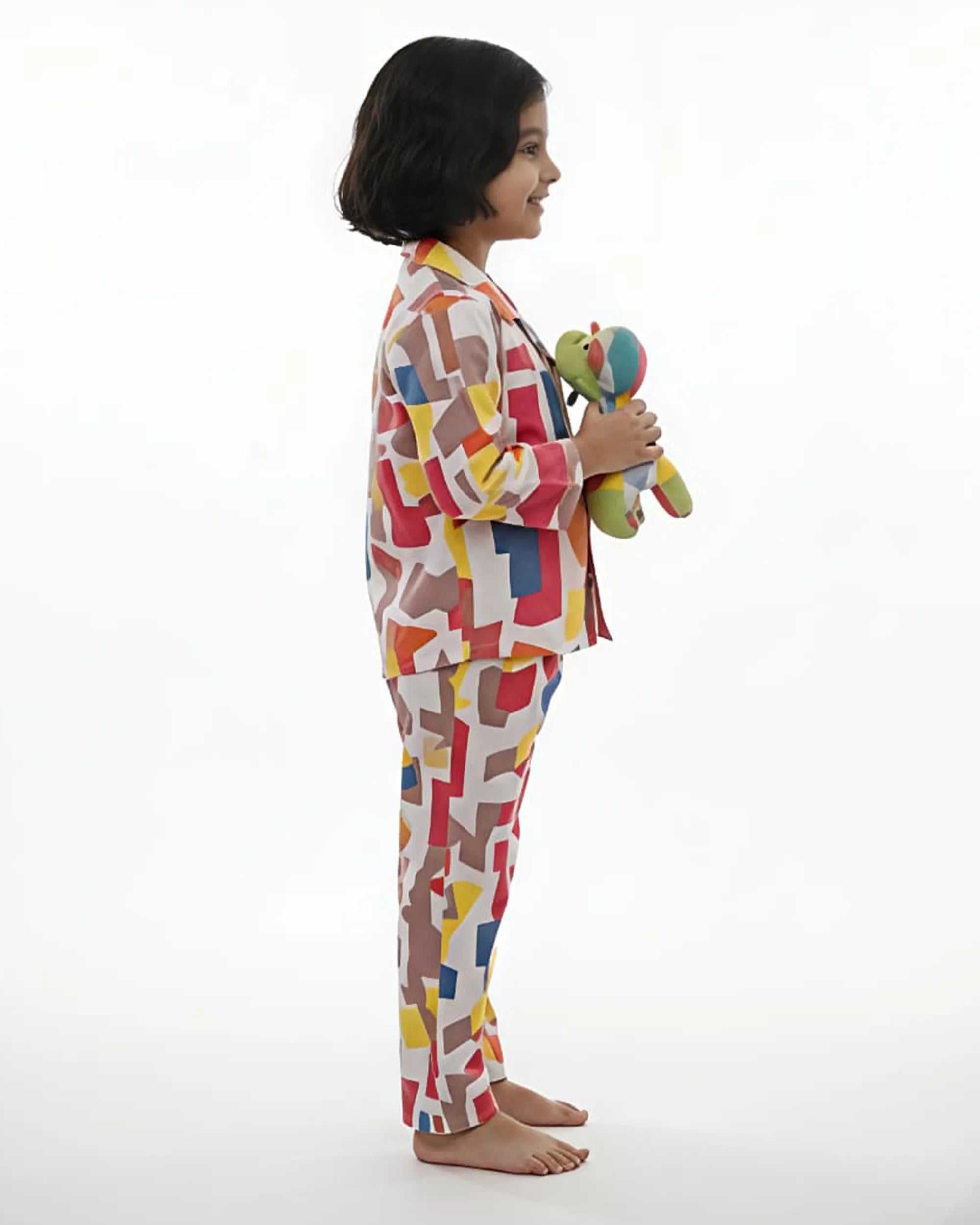 Girls Multi-Colored Abstract Geometric Print Pure Cotton Night Suit