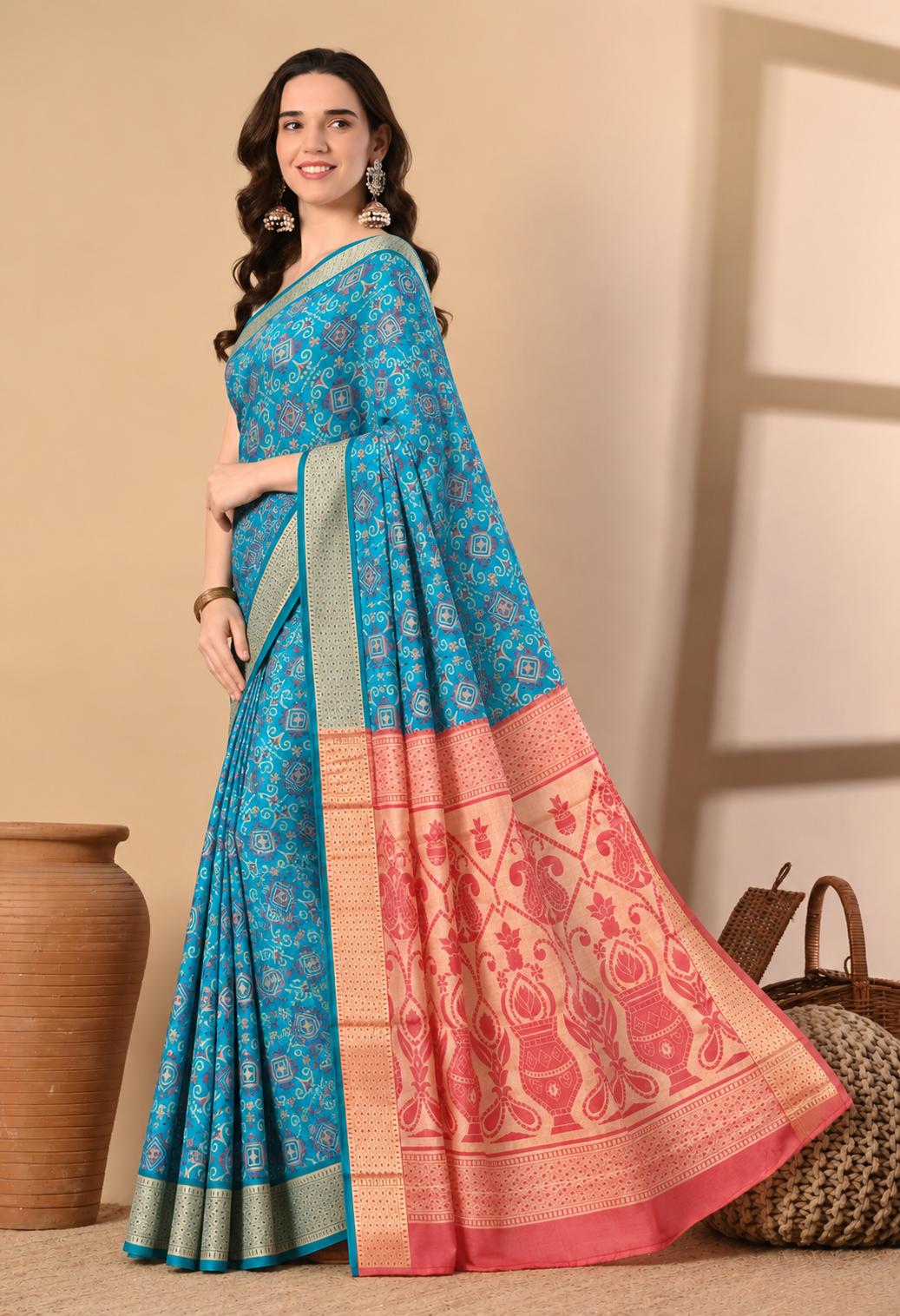 Turquoise Blue & Peach Traditional Woven Printed Saree with Designer Pallu