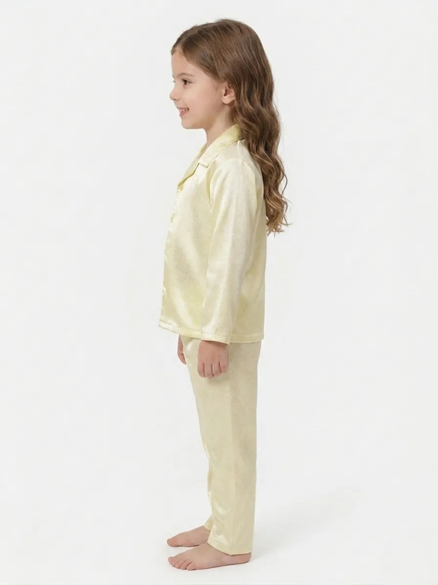Girls Luxurious Solid Satin Night Suit – Comfortable Full-Sleeve Button-Down Shirt & Pyjama Set