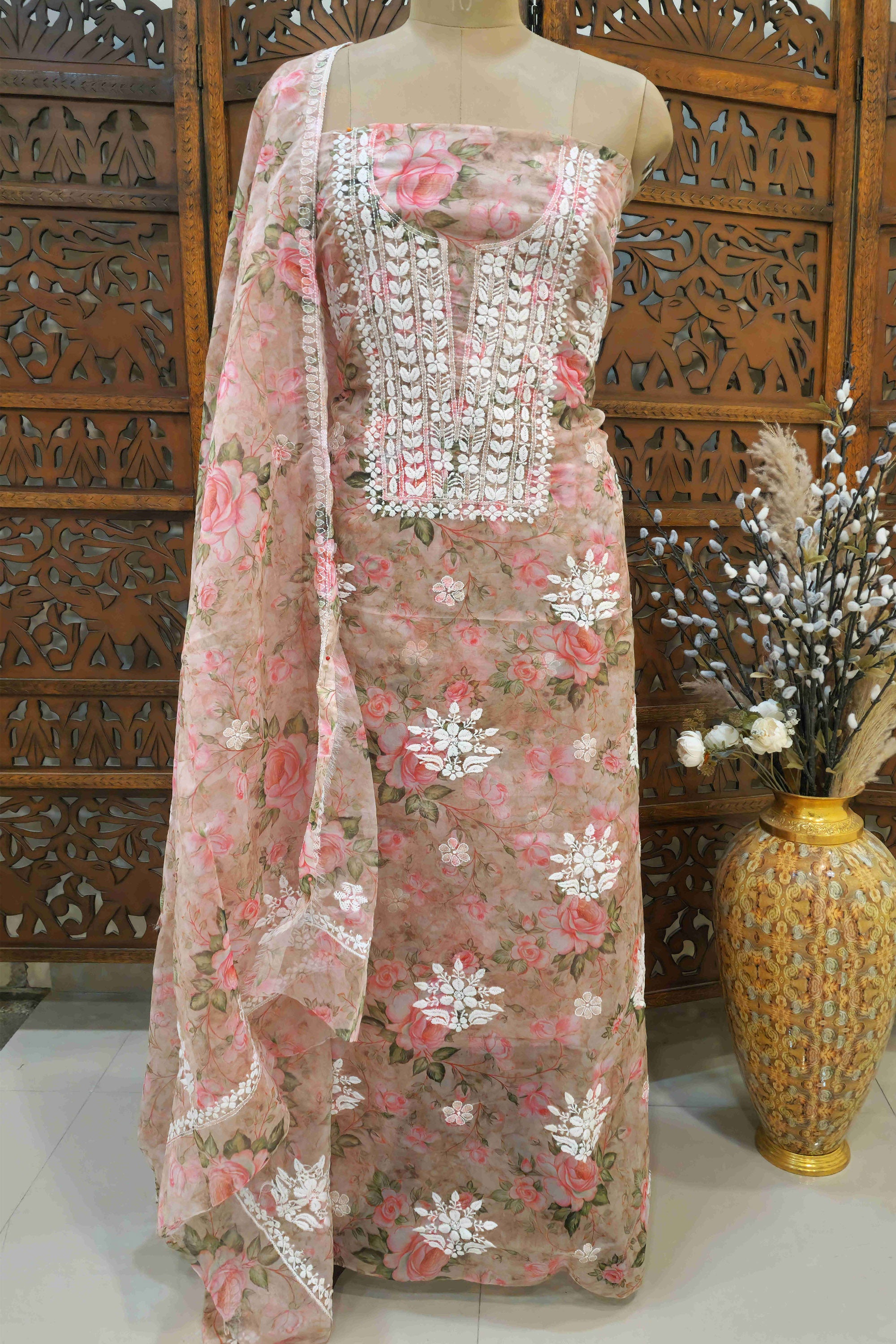 Women Dusty Pink & Rose Floral Printed Organza Unstitched Dress Material with White Chikankari-style Embroidery