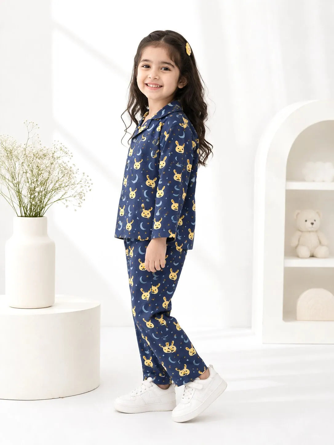 Kids' Pure Cotton Navy Blue Bunny & Moon Print Night Suit