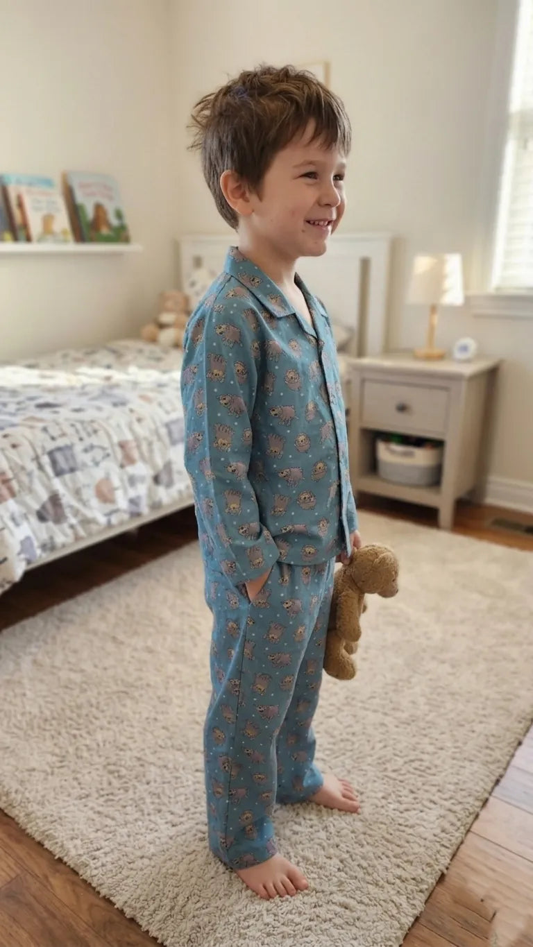 Teal Blue & Grey Hedgehog Print Pure Cotton Night Suit