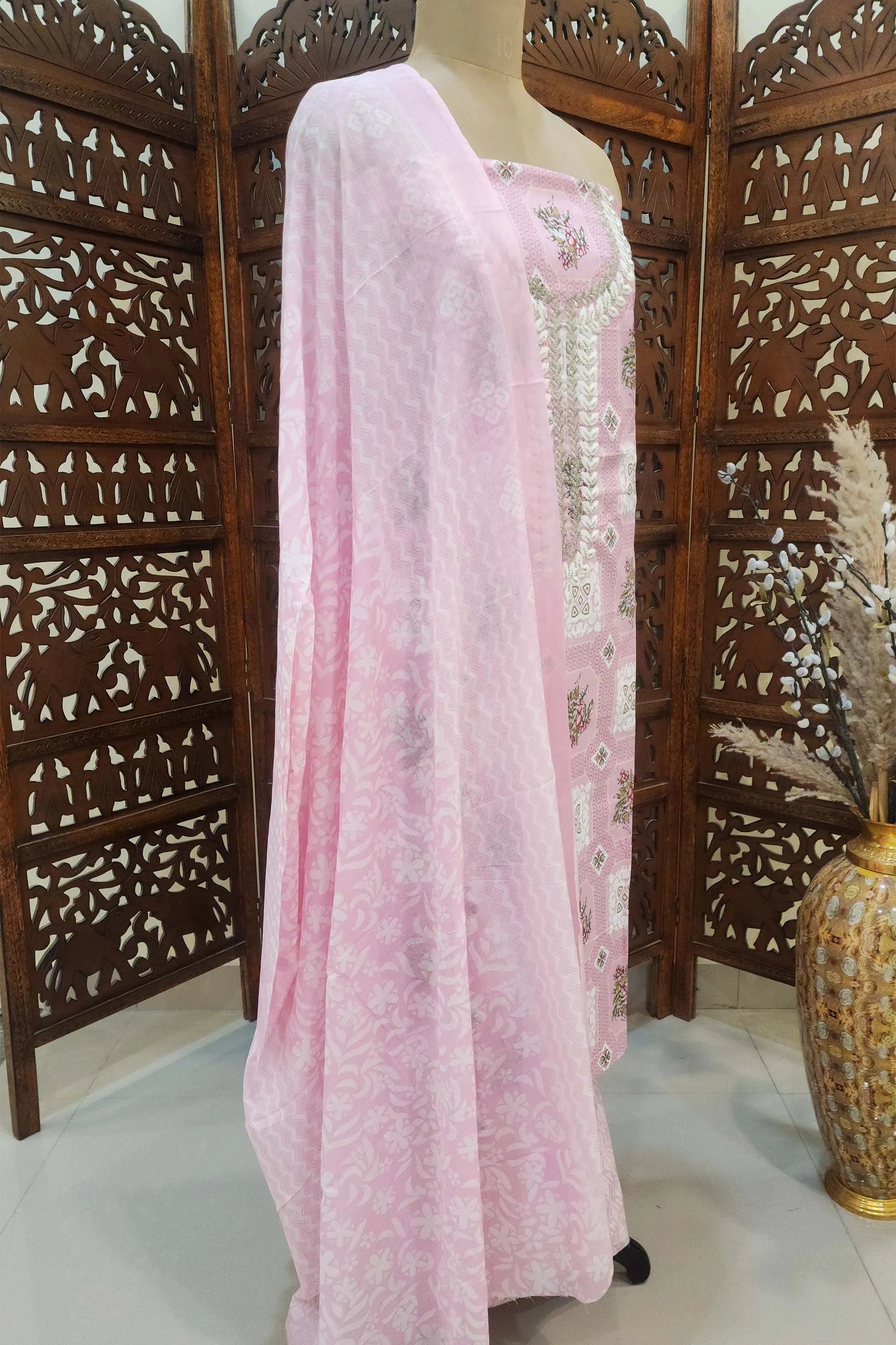 Pink & White Floral Printed Unstitched Pure Cotton Dress Material with Dupatta