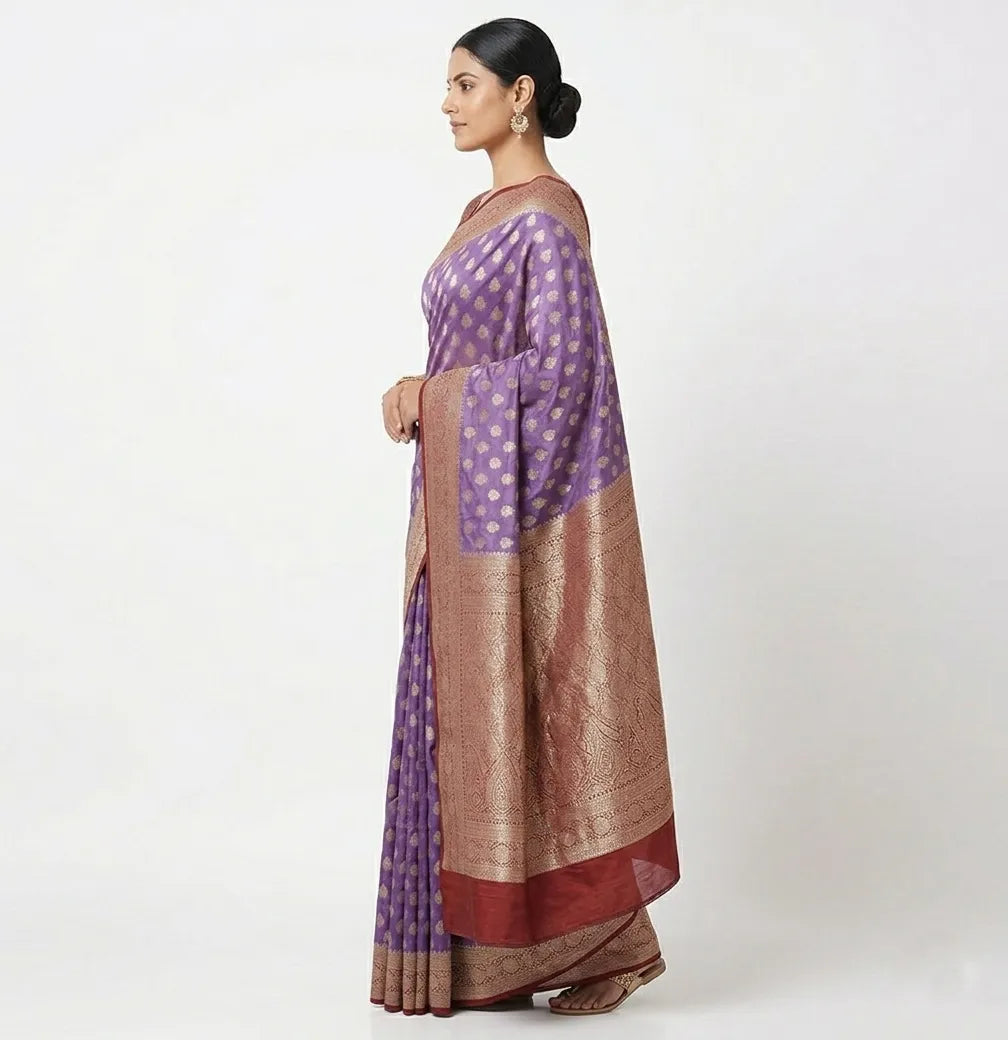 Purple & Gold-Toned Banarasi Silk Blend Woven Design Saree