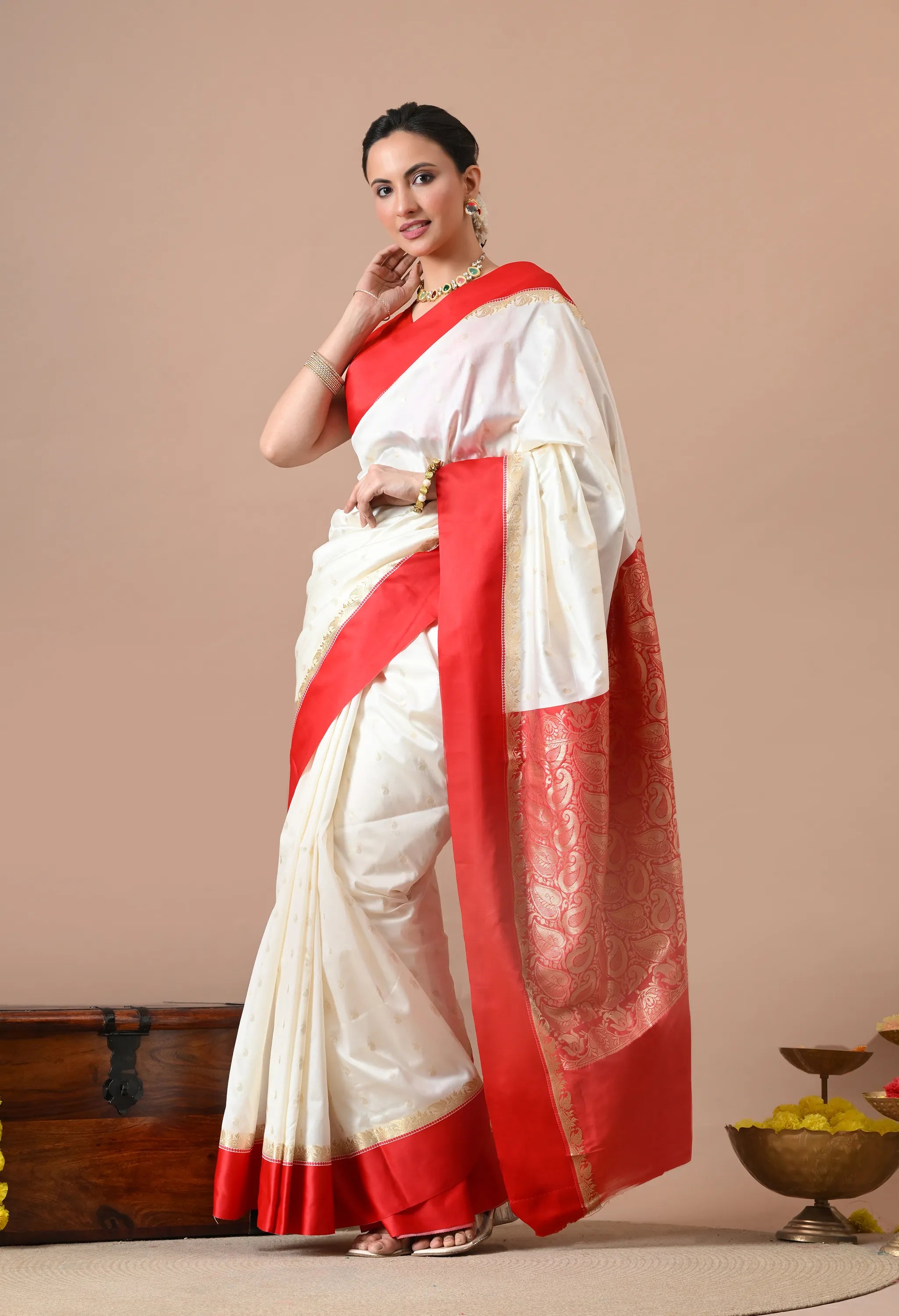Off-White & Red Woven Design Silk Blend Banarasi Saree with Zari Border