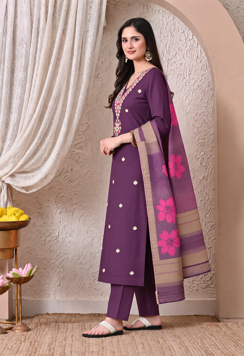 Purple Chanderi Silk Embroidered Suit Set with Organza Dupatta