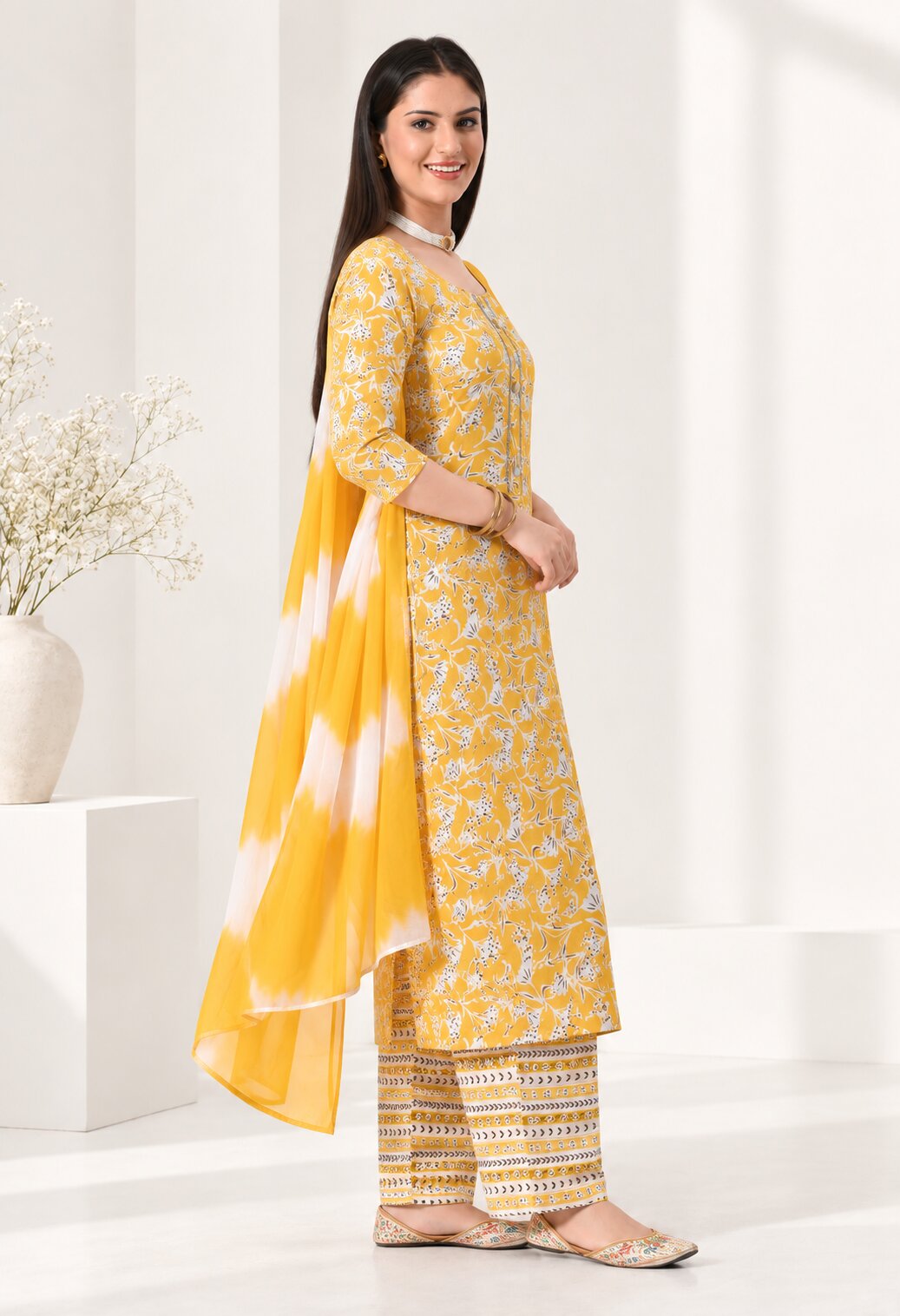 Yellow Cotton Printed Straight Kurta Set with Chiffon Dupatta