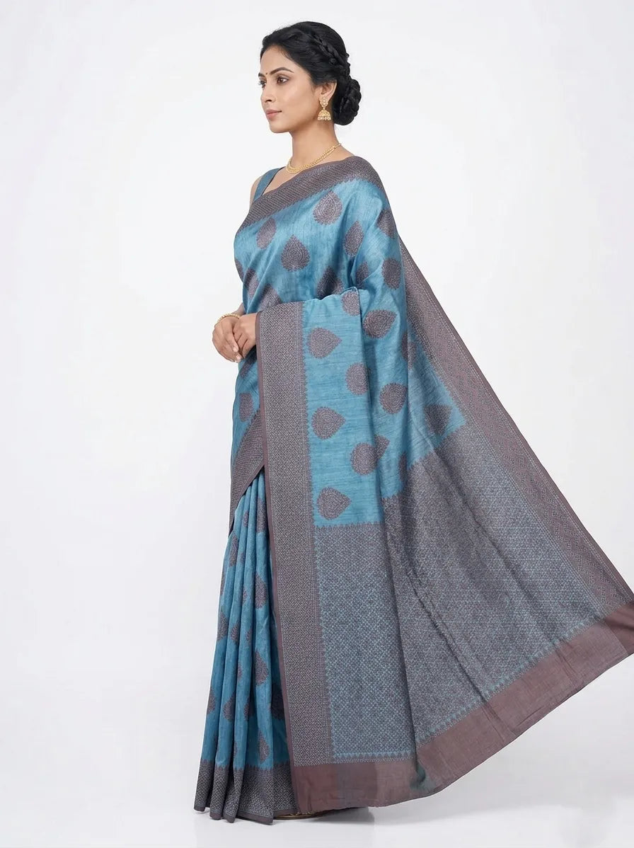Teal Blue & Bronze-Toned Leaf Woven Design Banarasi Silk Saree with Unstitched Blouse