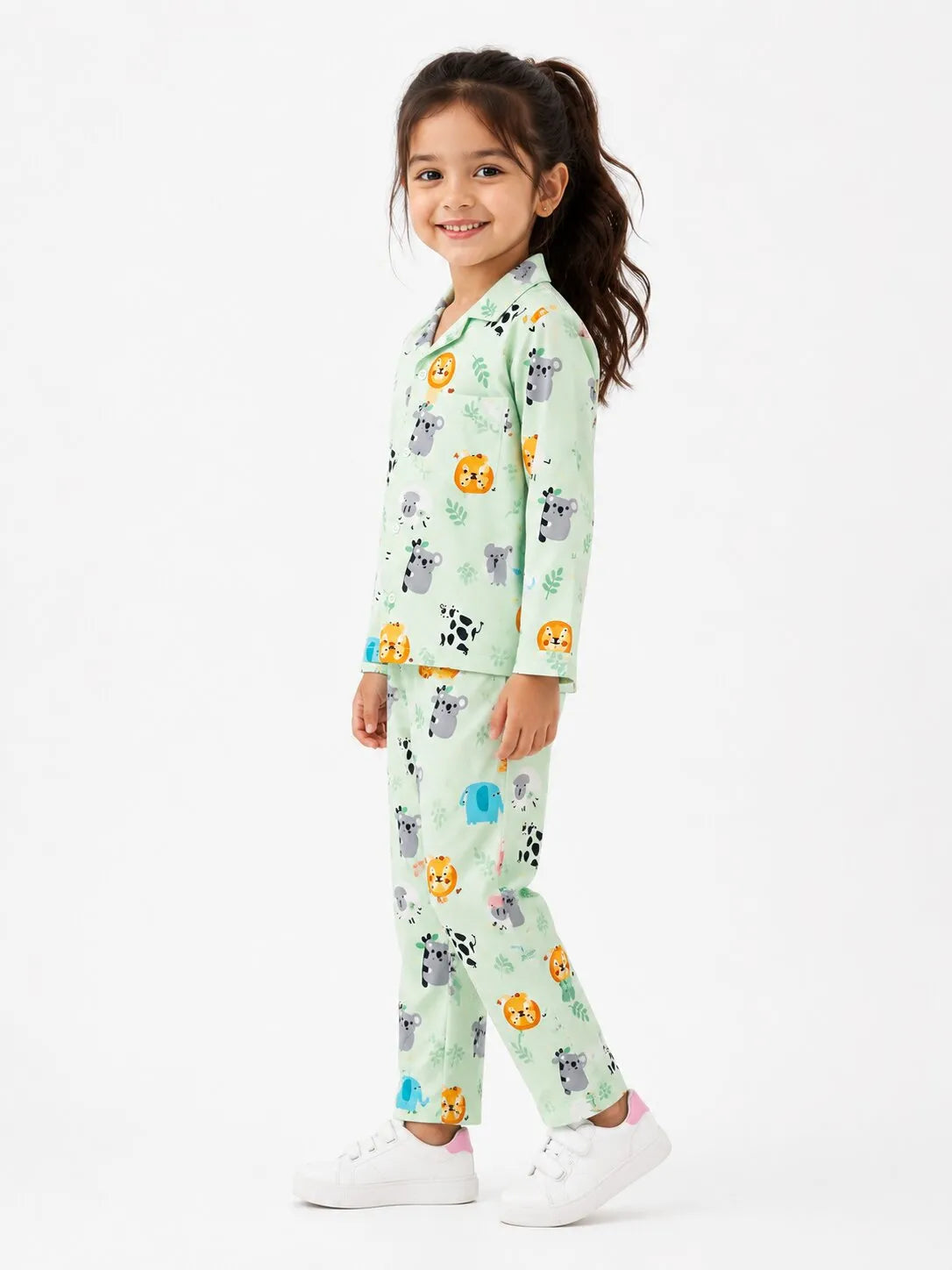 Kids Mint Green Animal Print Satin Nightsuit Set