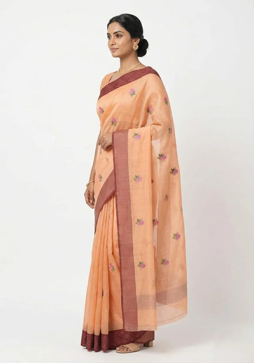 Peach-Colored Floral Embroidered  Silk Saree with Unstitched Blouse