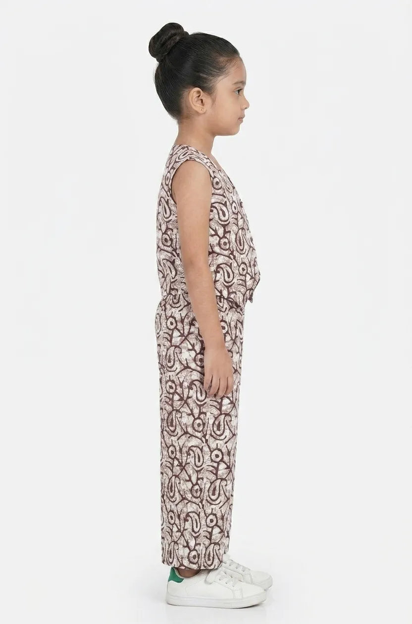 Girls Brown & White Printed Pure Cotton V-Neck Co-ord Set