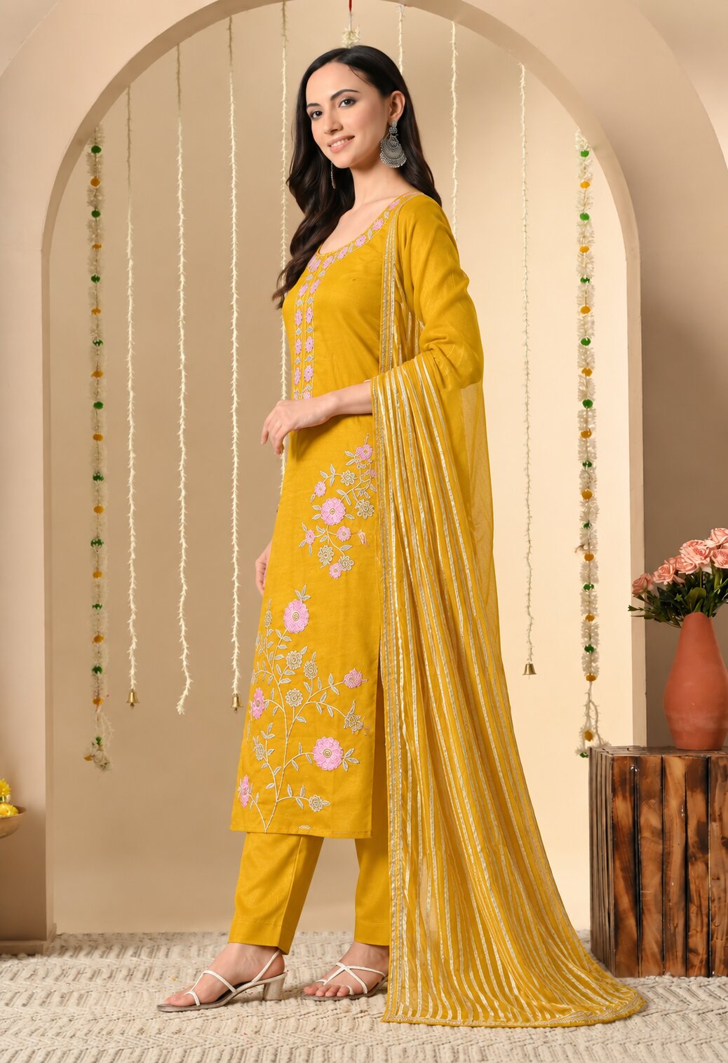 Mustard Yellow Chanderi Silk Embroidered Kurta Set with Organza Dupatta