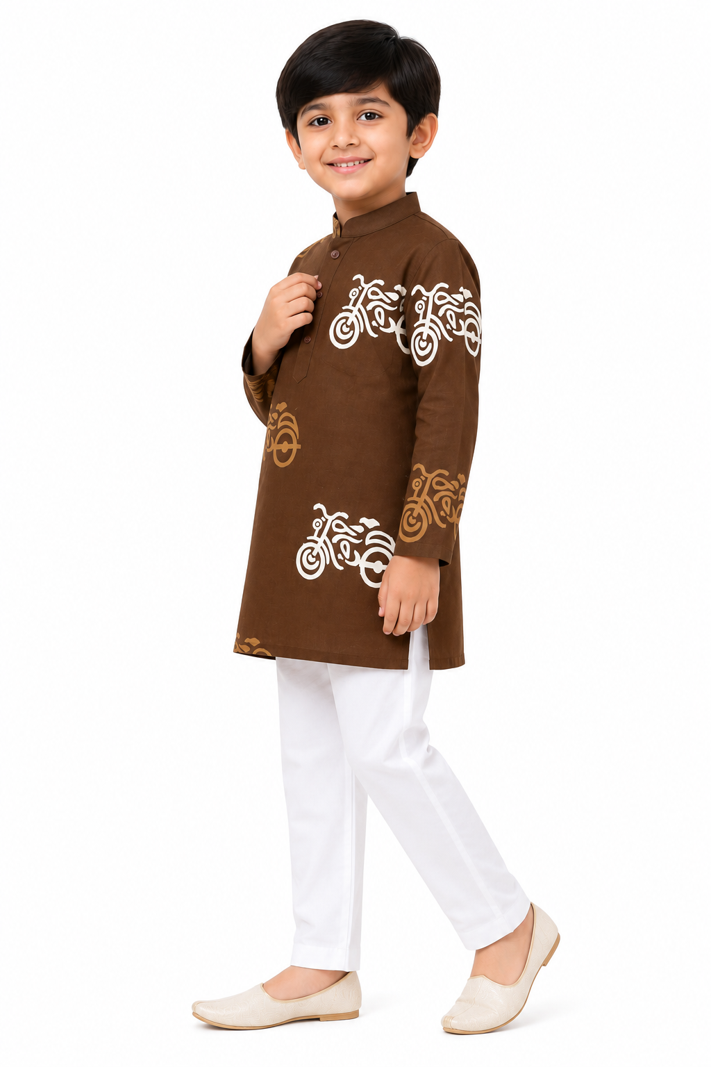 Boys Brown & White Quirky Auto-Rickshaw Printed Pure Cotton Kurta with Pyjamas