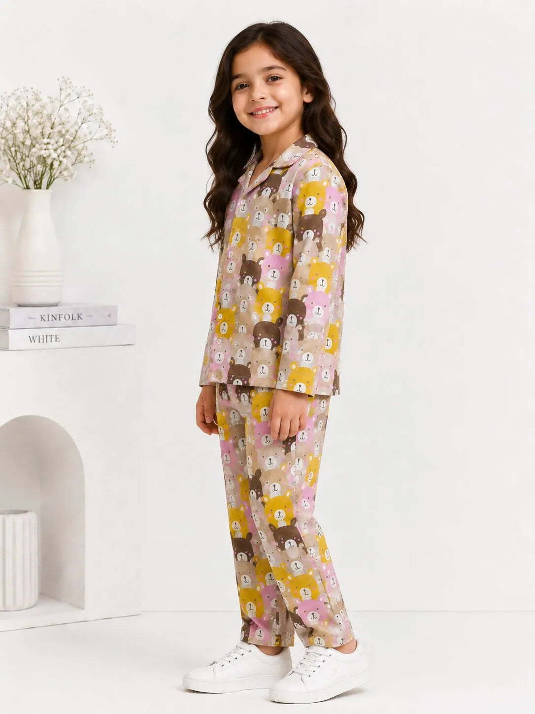 Kids Girls Full Sleeve Collared Pure Cotton Night Suit