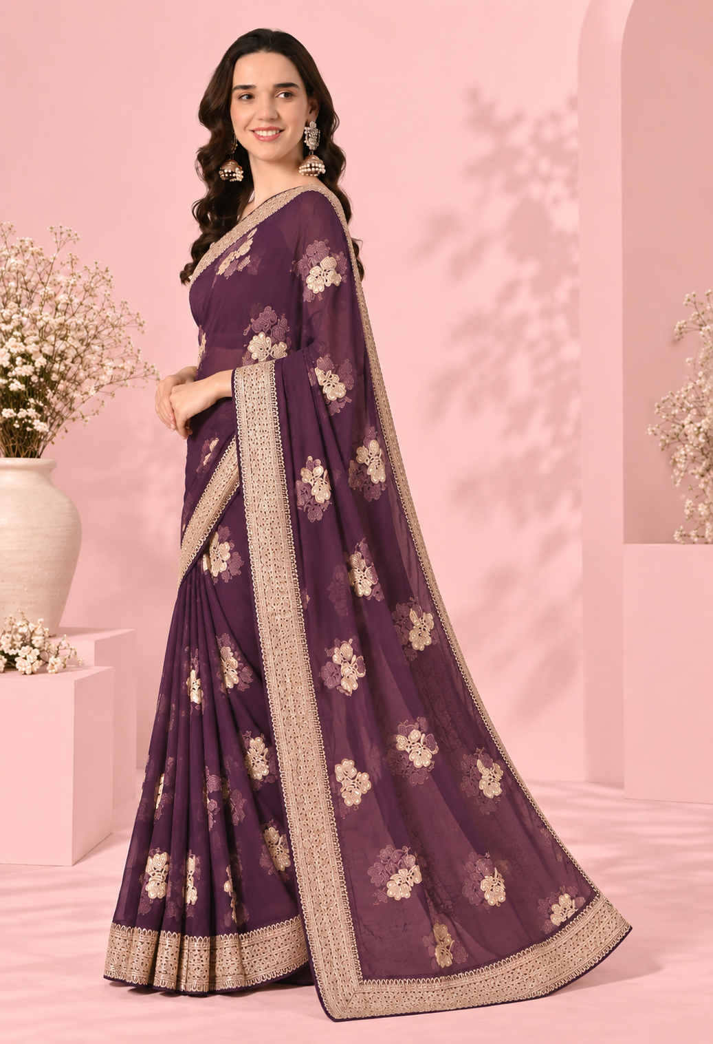 Elegant Plum Purple Floral Printed Saree with Intricate Golden Border
