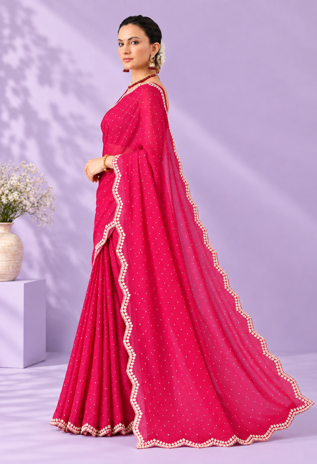 Elegant Rani Pink Saree with Dotted Pattern & Delicate Scalloped Border