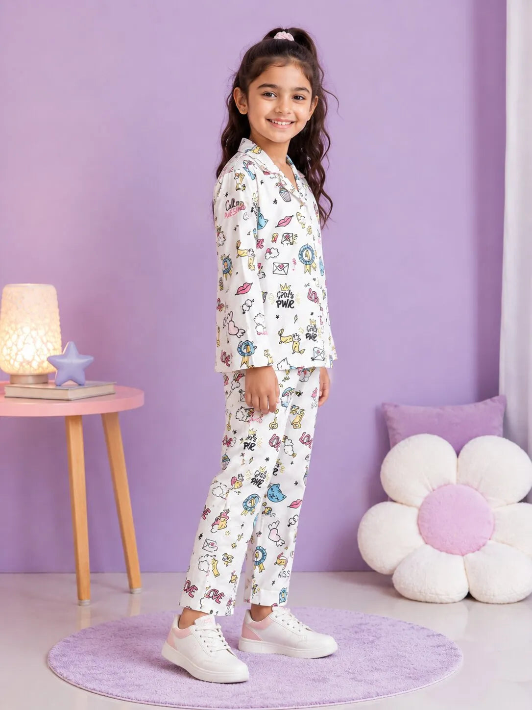 Girl Pearl White & Multicolor Graphic Printed Satin Nightwear Set