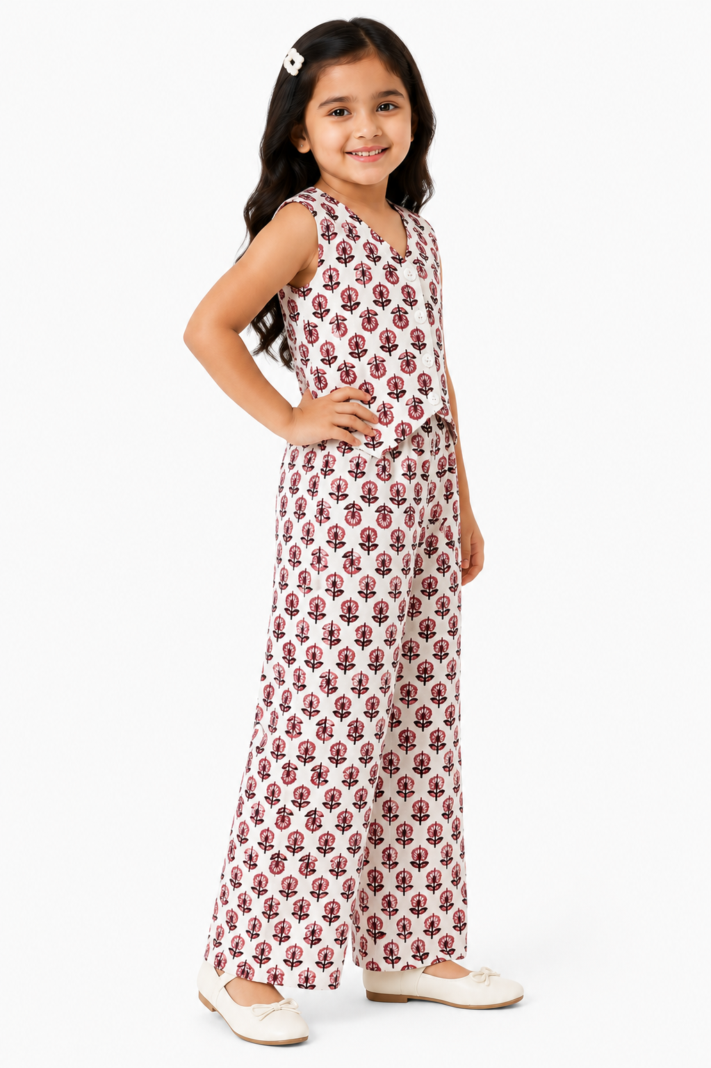 Girls Pure Cotton Printed Vest Style Crop Top and Wide-Leg Trousers Co-Ord Set