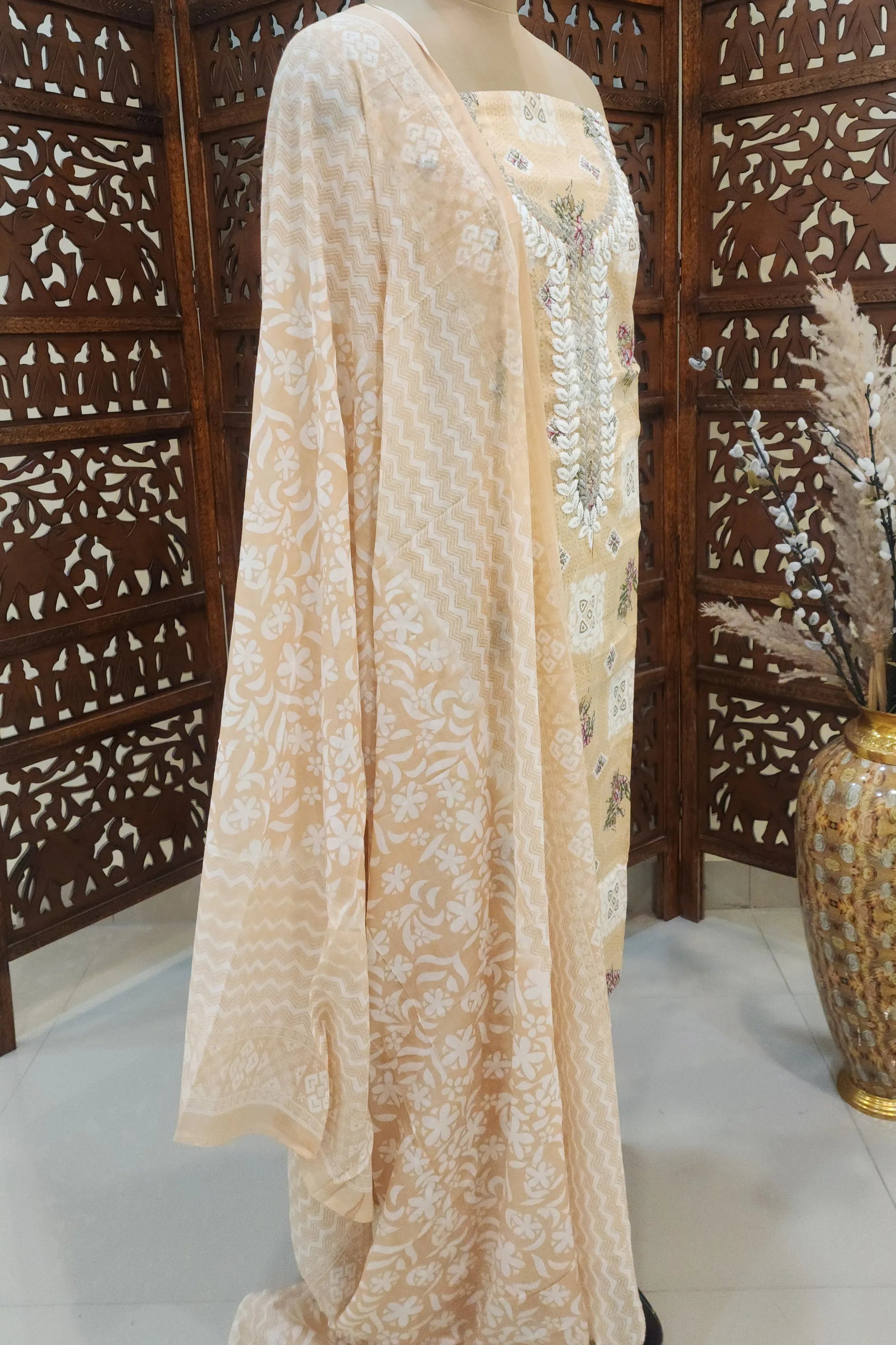 Women Peach-Coloured Floral Embroidered Pure Cotton Unstitched Dress Material